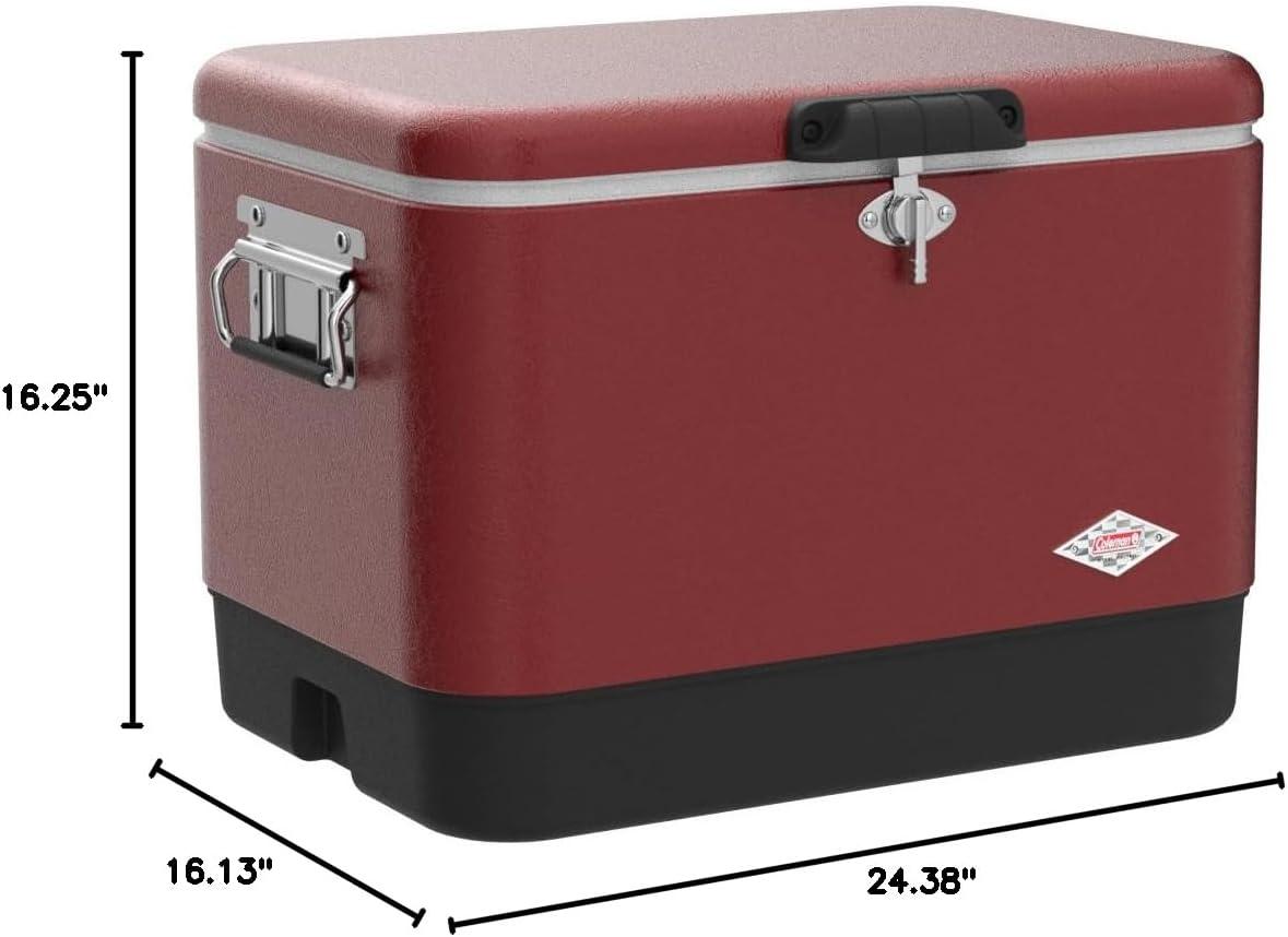 imageColeman Vintage 54qt Steel Belted Cooler Keeps Ice Up to 4 Days 85Can Capacity Hard Cooler with Drain ampamp HaveASeat LidRed
