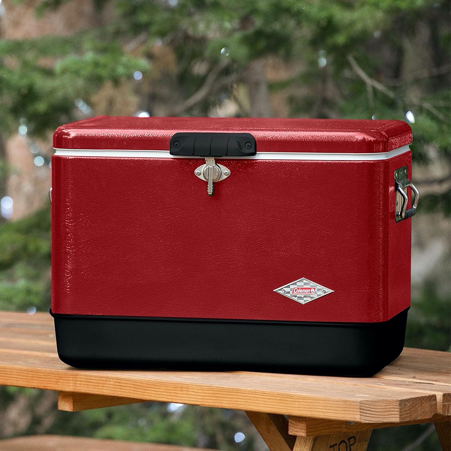 imageColeman Vintage 54qt Steel Belted Cooler Keeps Ice Up to 4 Days 85Can Capacity Hard Cooler with Drain ampamp HaveASeat LidRed