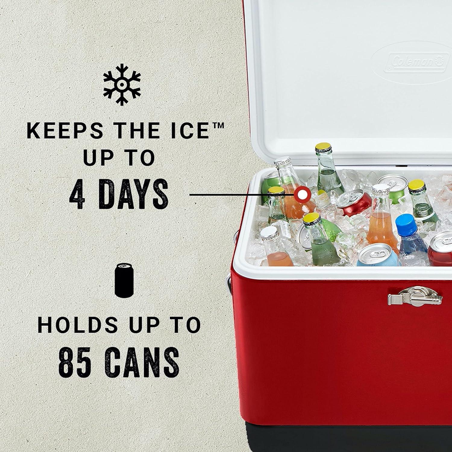 imageColeman Vintage 54qt Steel Belted Cooler Keeps Ice Up to 4 Days 85Can Capacity Hard Cooler with Drain ampamp HaveASeat LidRed