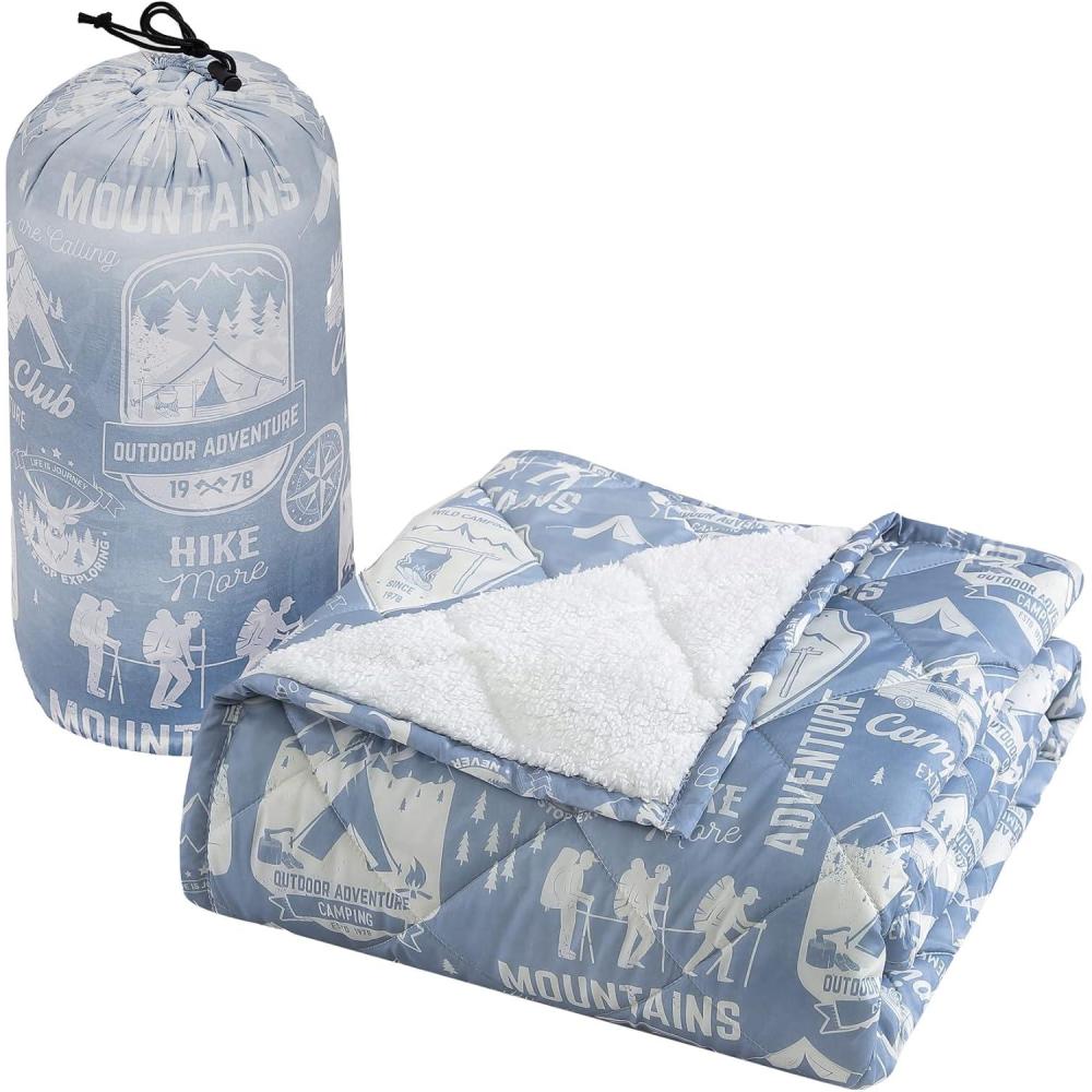 imageCathay Home Coleman Indoor Outdoor Reversible Water Resistant and Sherpa Throw Blanket 50x60 Inch Taupe CMTH107Light Blue