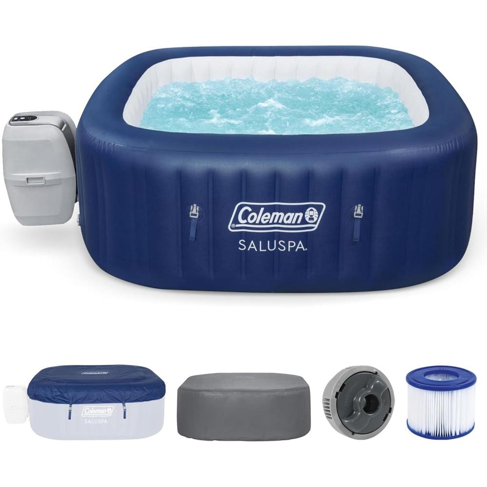 imageColeman Hawaii AirJet Large Square 4 to 6 Person Inflatable Hot Tub Portable Outdoor Spa with 140 AirJets and EnergySense Cover GreyBlue