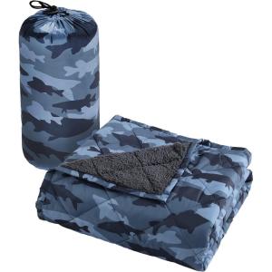 Cathay Home Coleman Indoor Outdoor Reversible Water Resistant and Sherpa Throw Blanket 50×60 Inch, Taupe (CMTH107)(Blue)
