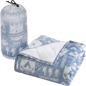 Cathay Home Coleman Indoor Outdoor Reversible Water Resistant and Sherpa Throw Blanket 50×60 Inch, Taupe (CMTH107)(Light Blue)