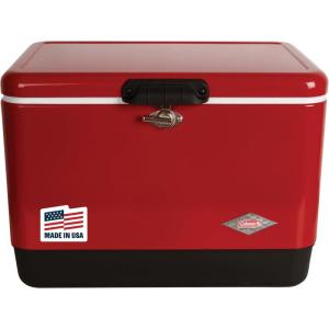 Coleman Vintage 54qt Steel Belted Cooler, Keeps Ice Up to 4 Days, 85-Can Capacity Hard Cooler with Drain & Have-A-Seat Lid(Red)