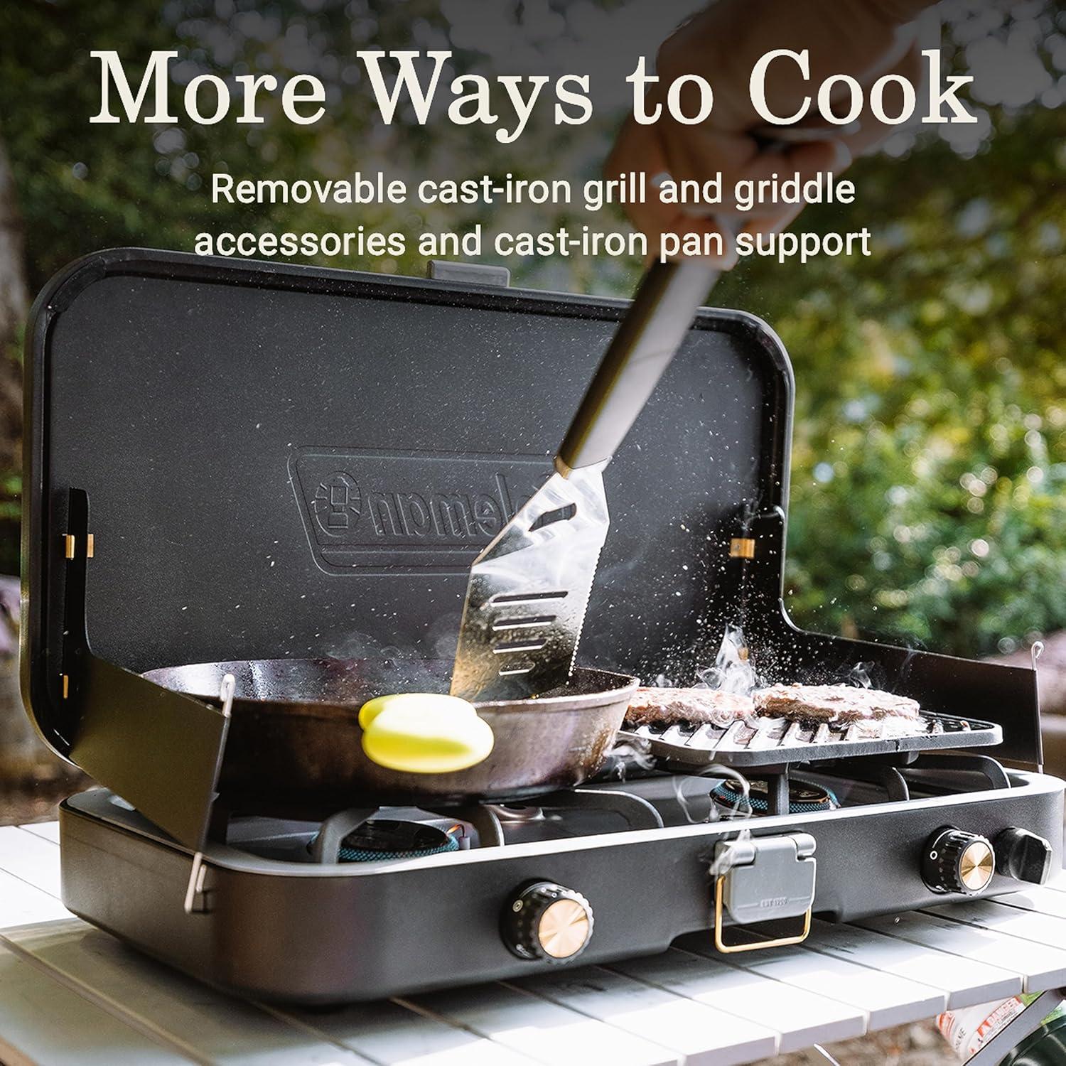 imageColeman 1900 Collection 3in1 Propane Camping Stove Cast Iron Grill ampamp Griddle Accessories Included 24000 BTUs Across 2 Adjustable Burners with Wind Guards ampamp Matchless Lighting