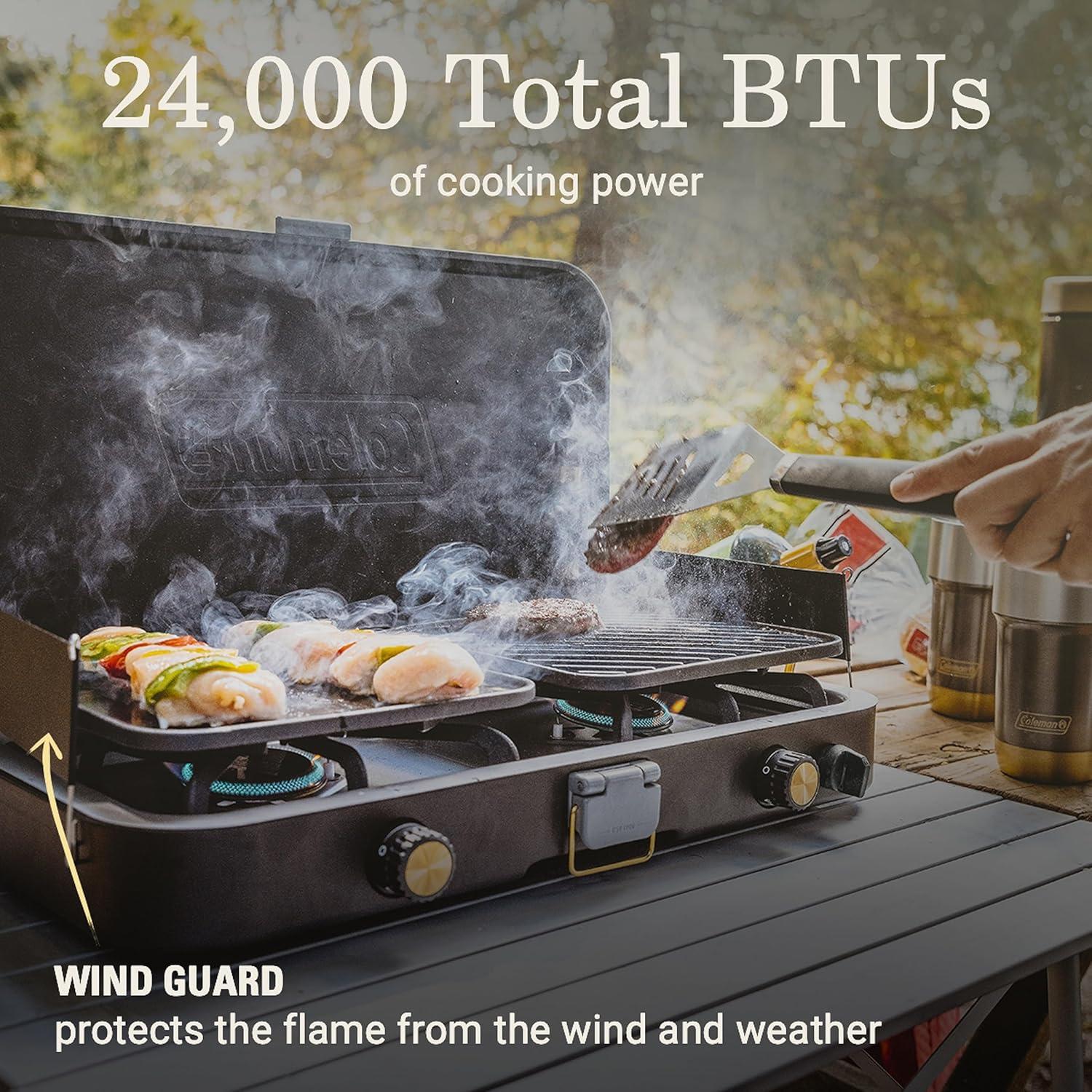 imageColeman 1900 Collection 3in1 Propane Camping Stove Cast Iron Grill ampamp Griddle Accessories Included 24000 BTUs Across 2 Adjustable Burners with Wind Guards ampamp Matchless Lighting