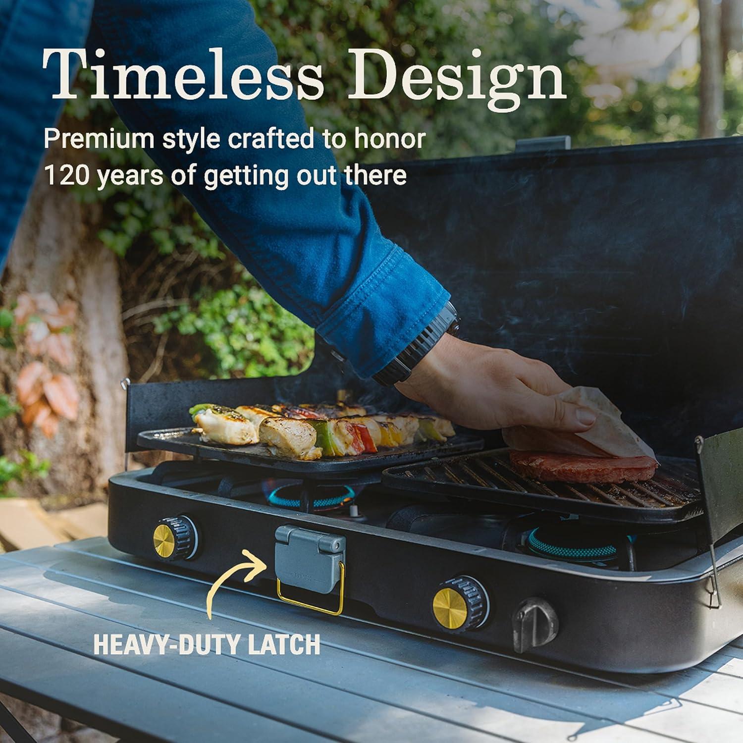 imageColeman 1900 Collection 3in1 Propane Camping Stove Cast Iron Grill ampamp Griddle Accessories Included 24000 BTUs Across 2 Adjustable Burners with Wind Guards ampamp Matchless Lighting