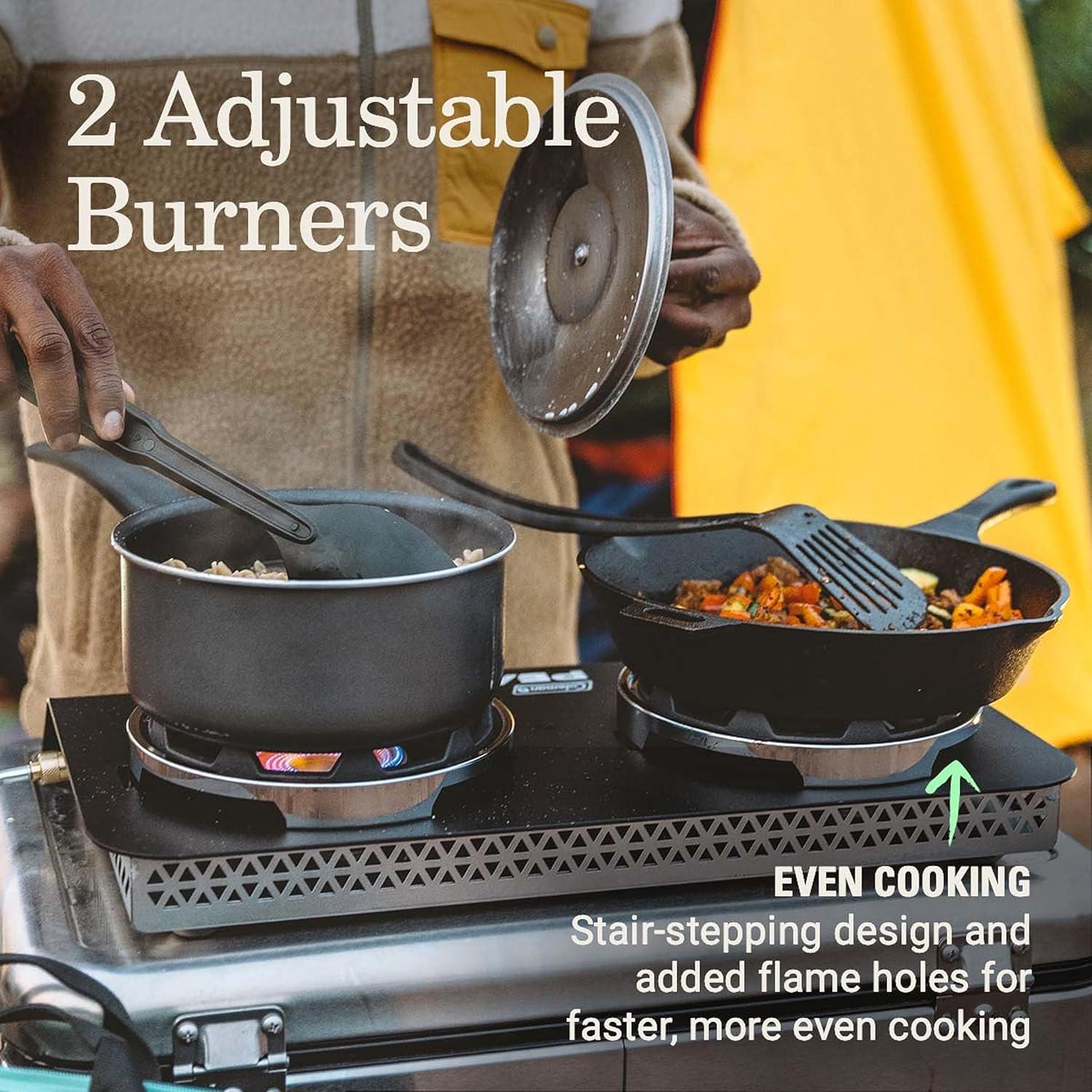 imageColeman PEAK1 2Burner Portable Camping Stove Premium 20000 BTUs Gas Stove with Adjustable Burners ampamp Carry Case Great for Camping Tailgating Grilling BBQ ampamp More