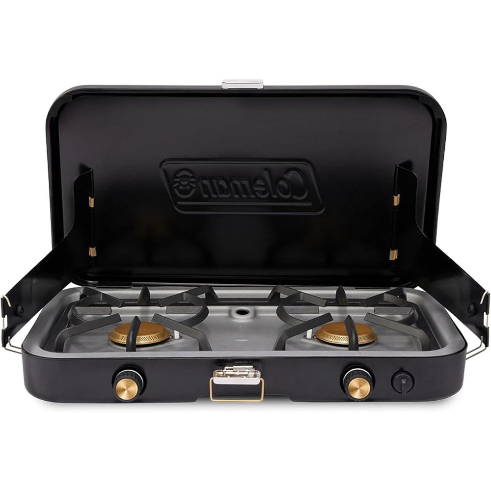 imageColeman 1900 Collection 3in1 Propane Camping Stove Cast Iron Grill ampamp Griddle Accessories Included 24000 BTUs Across 2 Adjustable Burners with Wind Guards ampamp Matchless Lighting