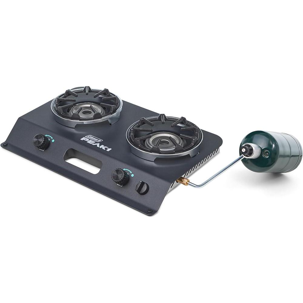 imageColeman PEAK1 2Burner Portable Camping Stove Premium 20000 BTUs Gas Stove with Adjustable Burners ampamp Carry Case Great for Camping Tailgating Grilling BBQ ampamp More