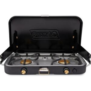 Coleman 1900 Collection 3-in-1 Propane Camping Stove, Cast Iron Grill & Griddle Accessories Included, 24,000 BTUs Across 2 Adjustable Burners with Wind Guards & Matchless Lighting