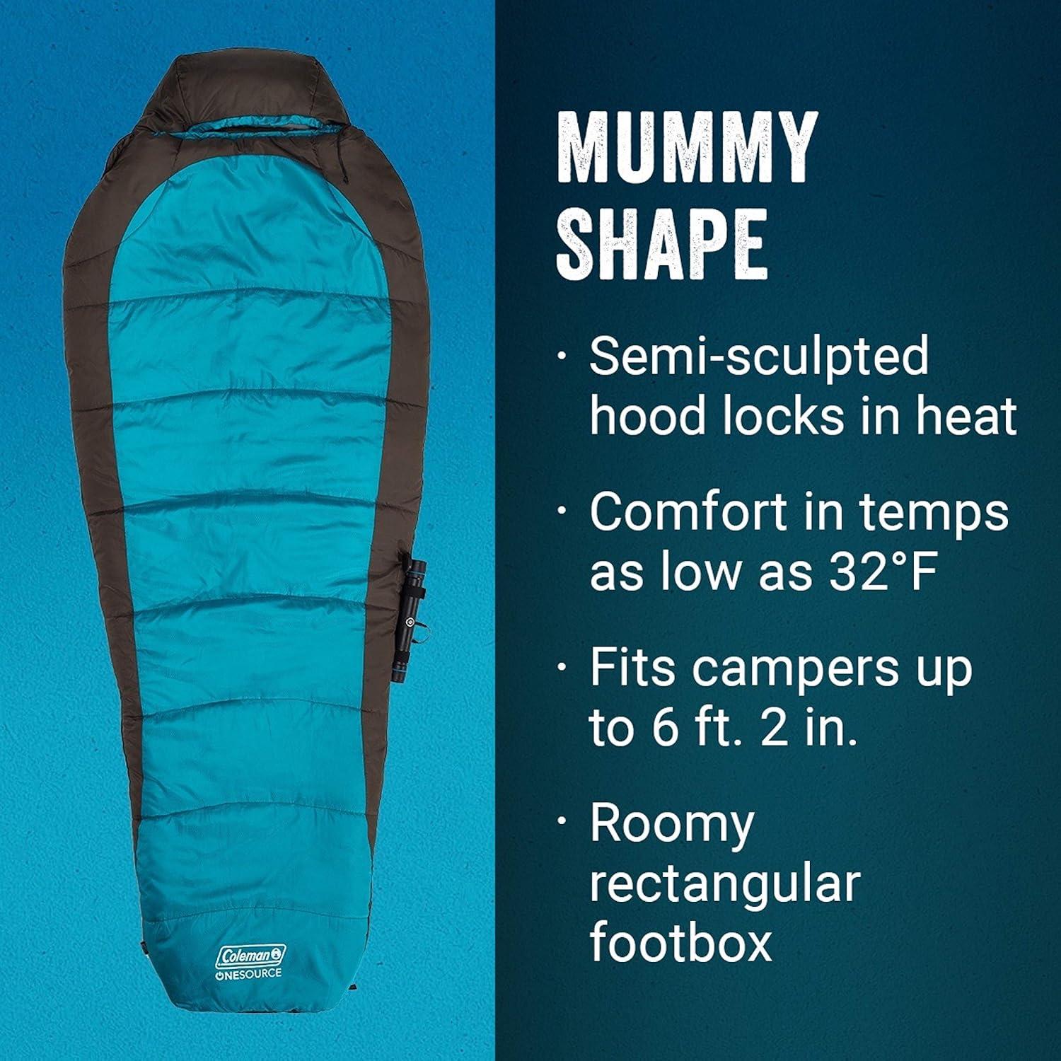 imageColeman OneSource Heated Mummy Sleeping Bag and Rechargeable Battery 4 Adjustable Heat Settings Lasts Up to 4 Hours Sleeping Bag for Adults with DualPort Charging Dock and Included Battery