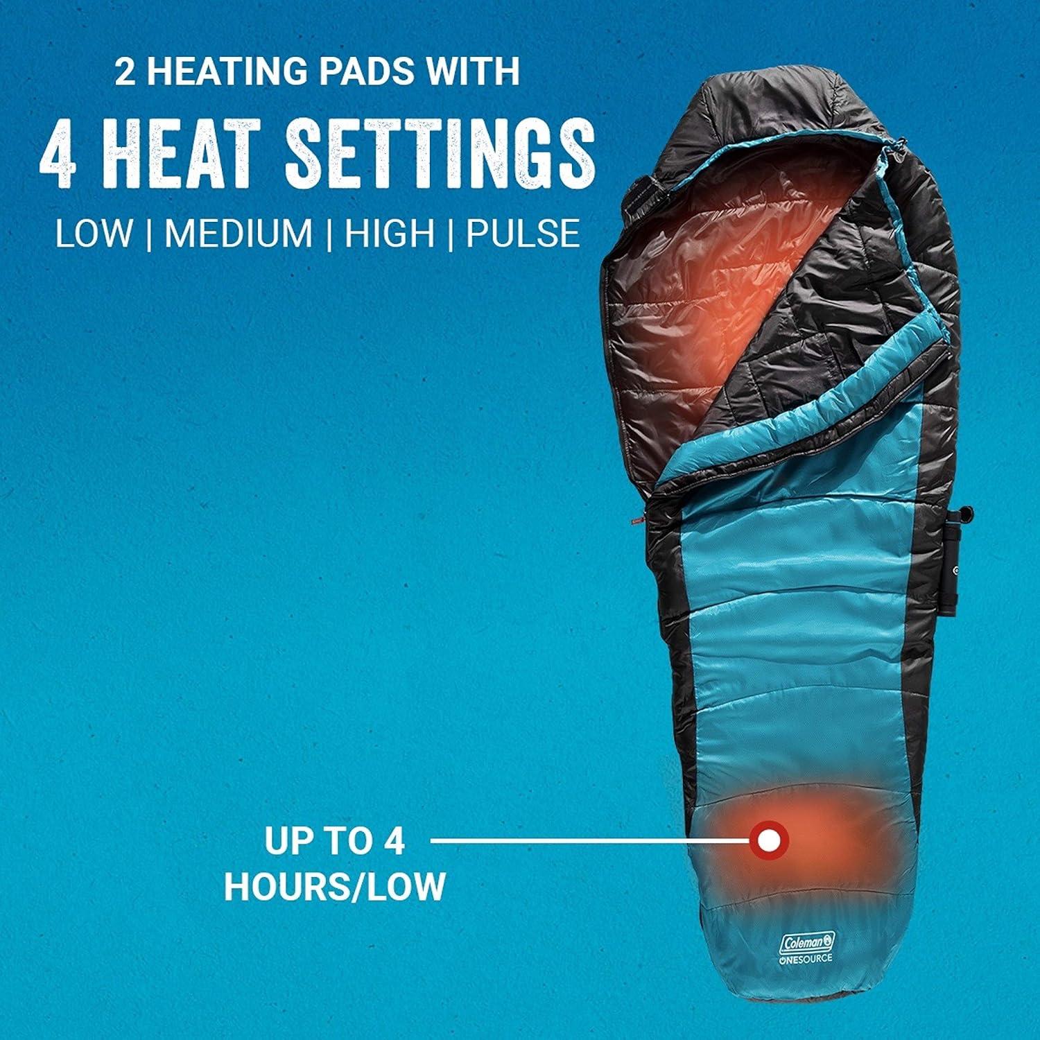 imageColeman OneSource Heated Mummy Sleeping Bag and Rechargeable Battery 4 Adjustable Heat Settings Lasts Up to 4 Hours Sleeping Bag for Adults with DualPort Charging Dock and Included Battery