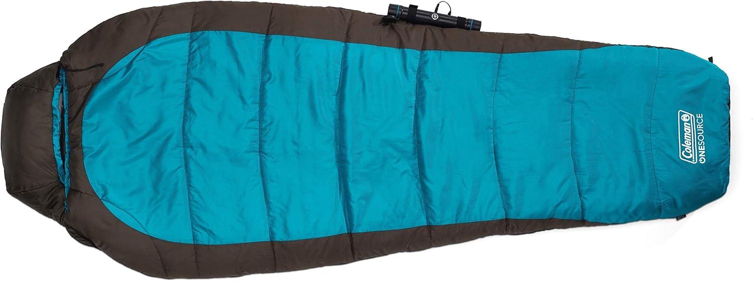 imageColeman OneSource Heated Mummy Sleeping Bag and Rechargeable Battery 4 Adjustable Heat Settings Lasts Up to 4 Hours Sleeping Bag for Adults with DualPort Charging Dock and Included Battery