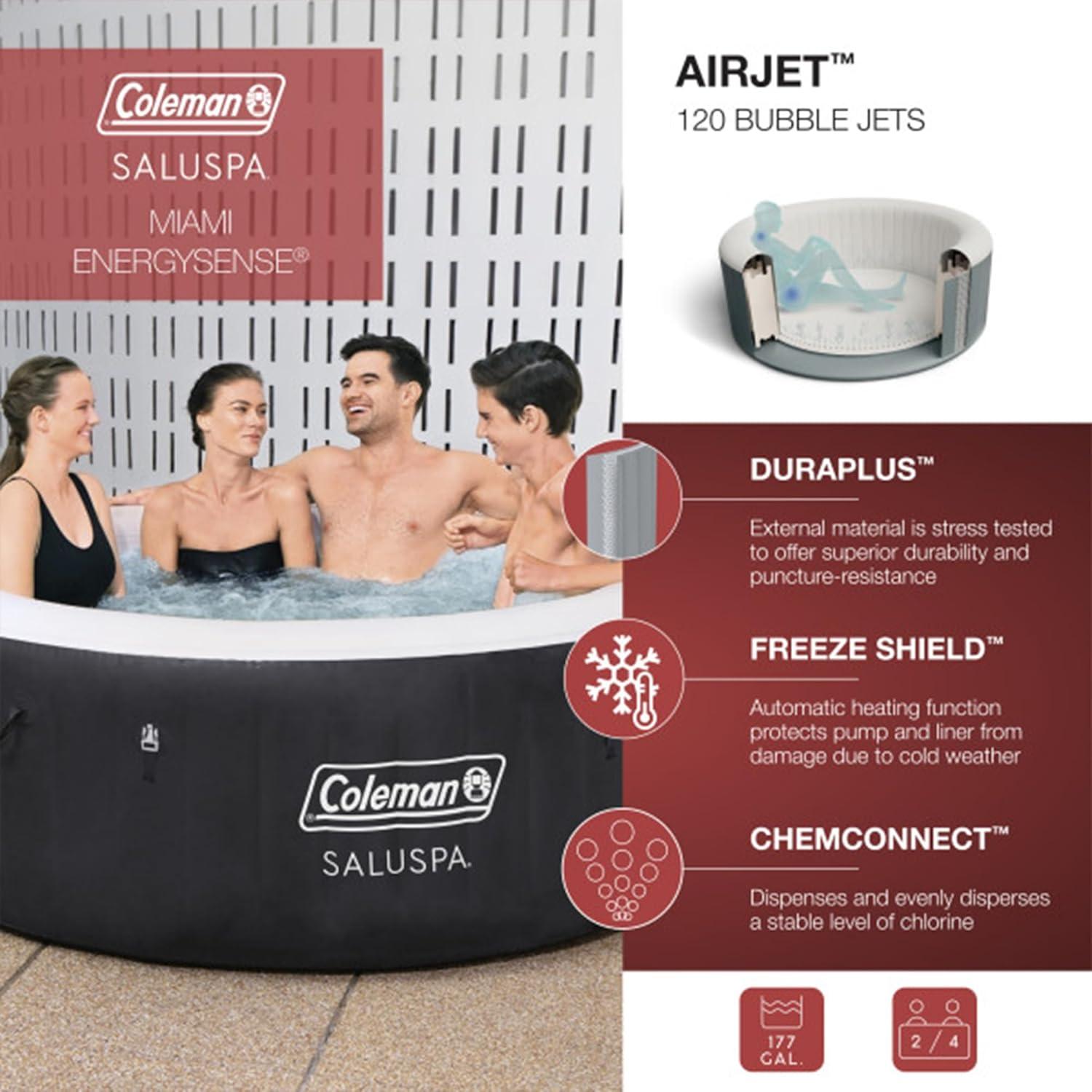 imageColeman Miami AirJet Large Round 2 to 4 Person Inflatable Hot Tub Portable Outdoor Spa with 120 AirJets and EnergySense Cover BlackBlack