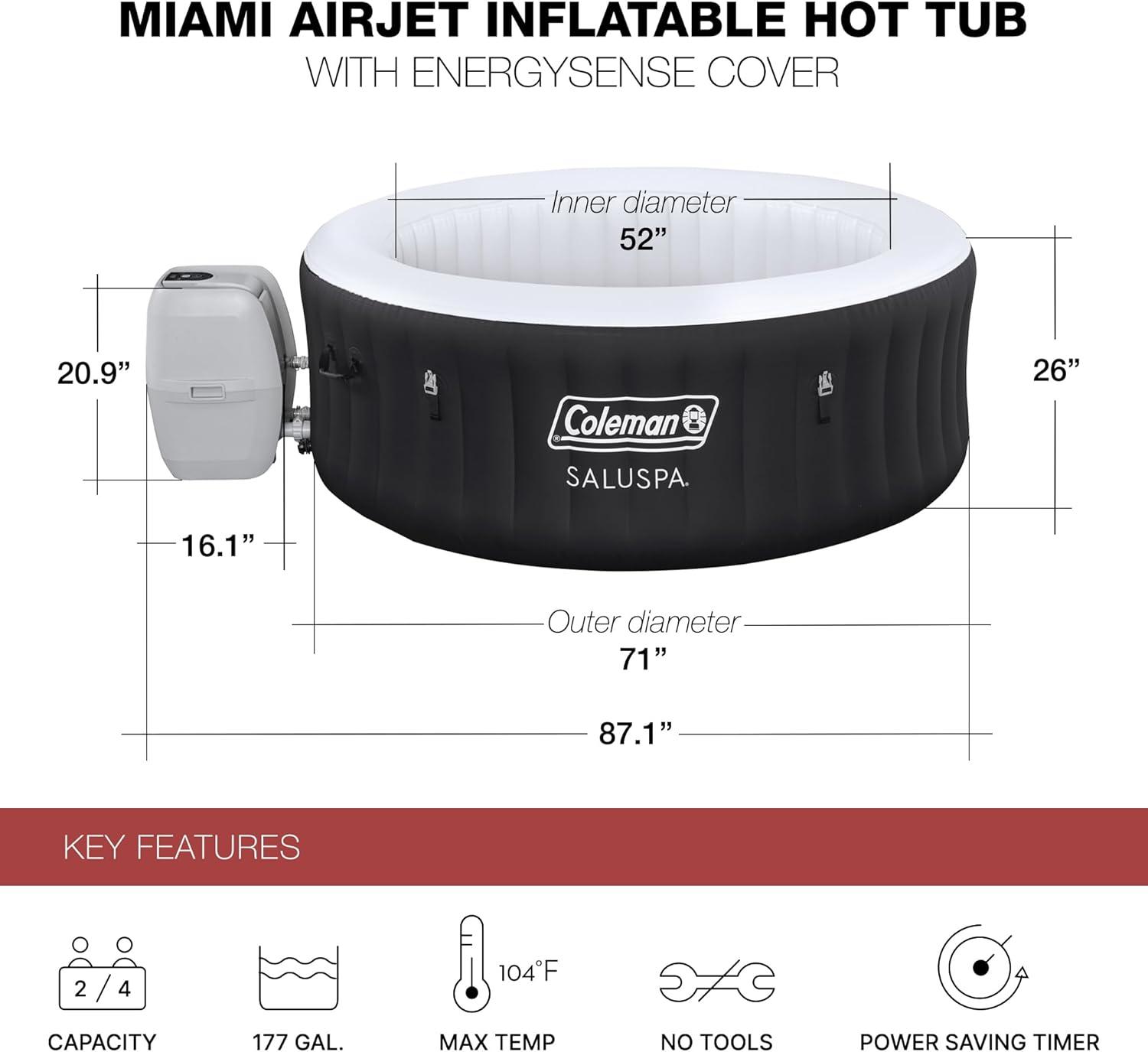 imageColeman Miami AirJet Large Round 2 to 4 Person Inflatable Hot Tub Portable Outdoor Spa with 120 AirJets and EnergySense Cover BlackBlack