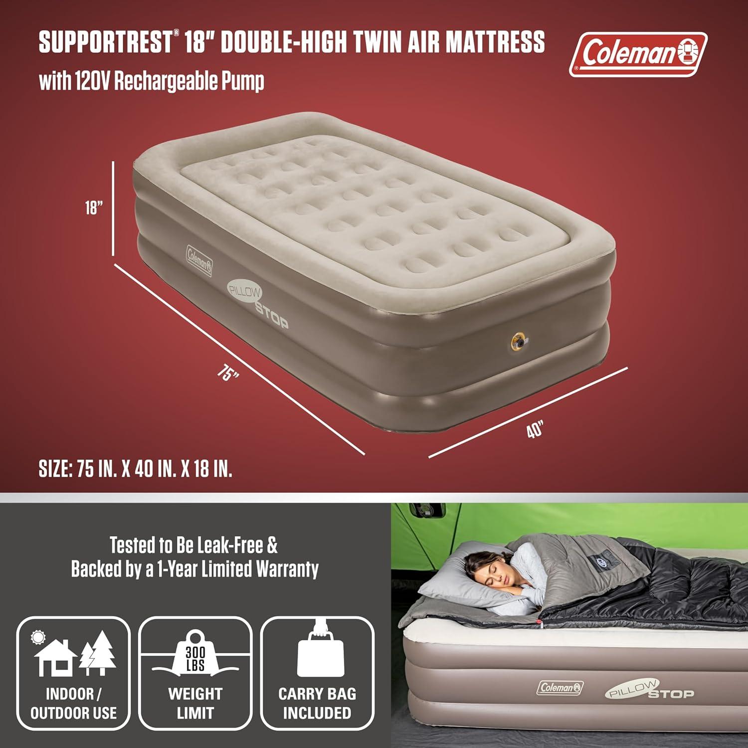 imageColeman SupportRest DoubleHigh 18quot Twin Air Mattress Indoor and Outdoor Raised Airbed with 120V Rechargeable Air Pump Blow Up Air Mattress for Camping