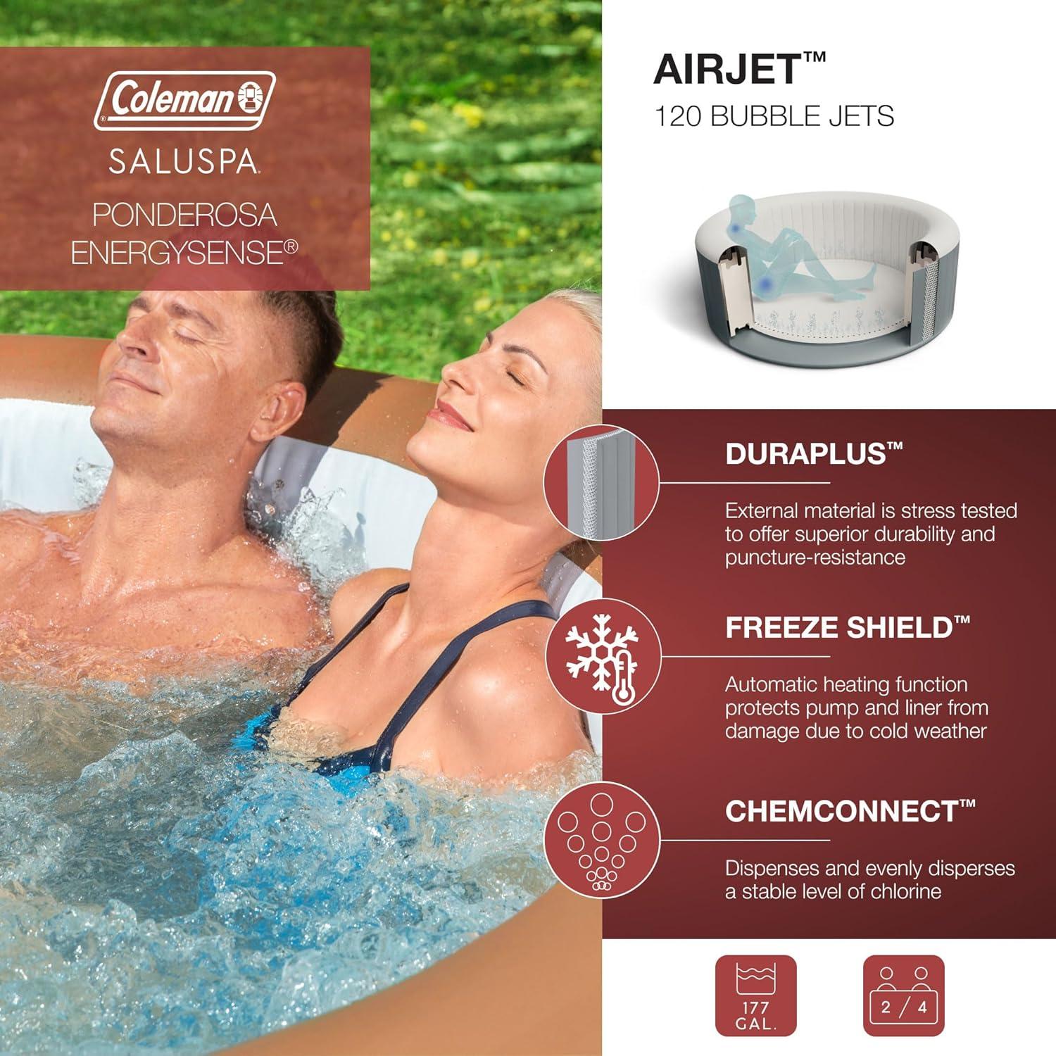 imageColeman Ponderosa AirJet 2 to 4 Person Inflatable Hot Tub Round Portable Outdoor Spa with 120 AirJets and EnergySense Energy Saving Cover Orange