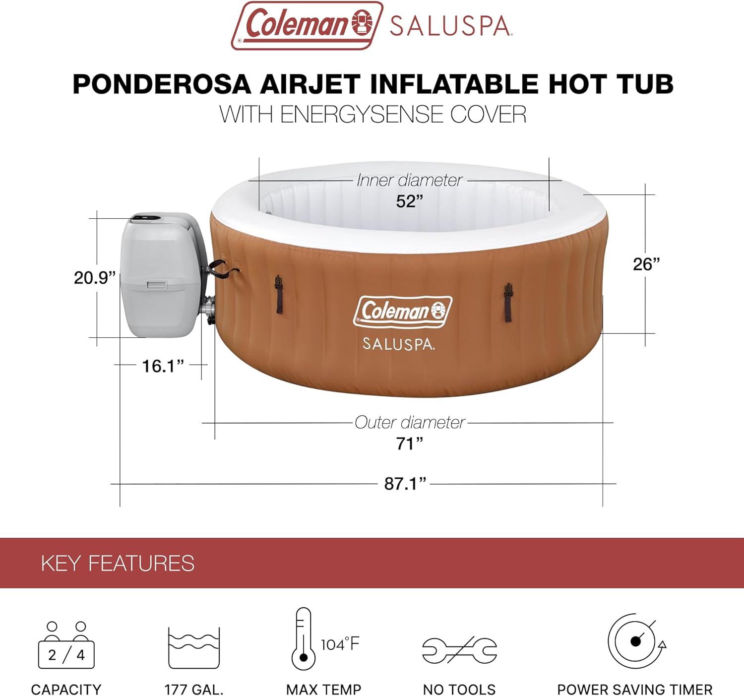imageColeman Ponderosa AirJet 2 to 4 Person Inflatable Hot Tub Round Portable Outdoor Spa with 120 AirJets and EnergySense Energy Saving Cover Orange