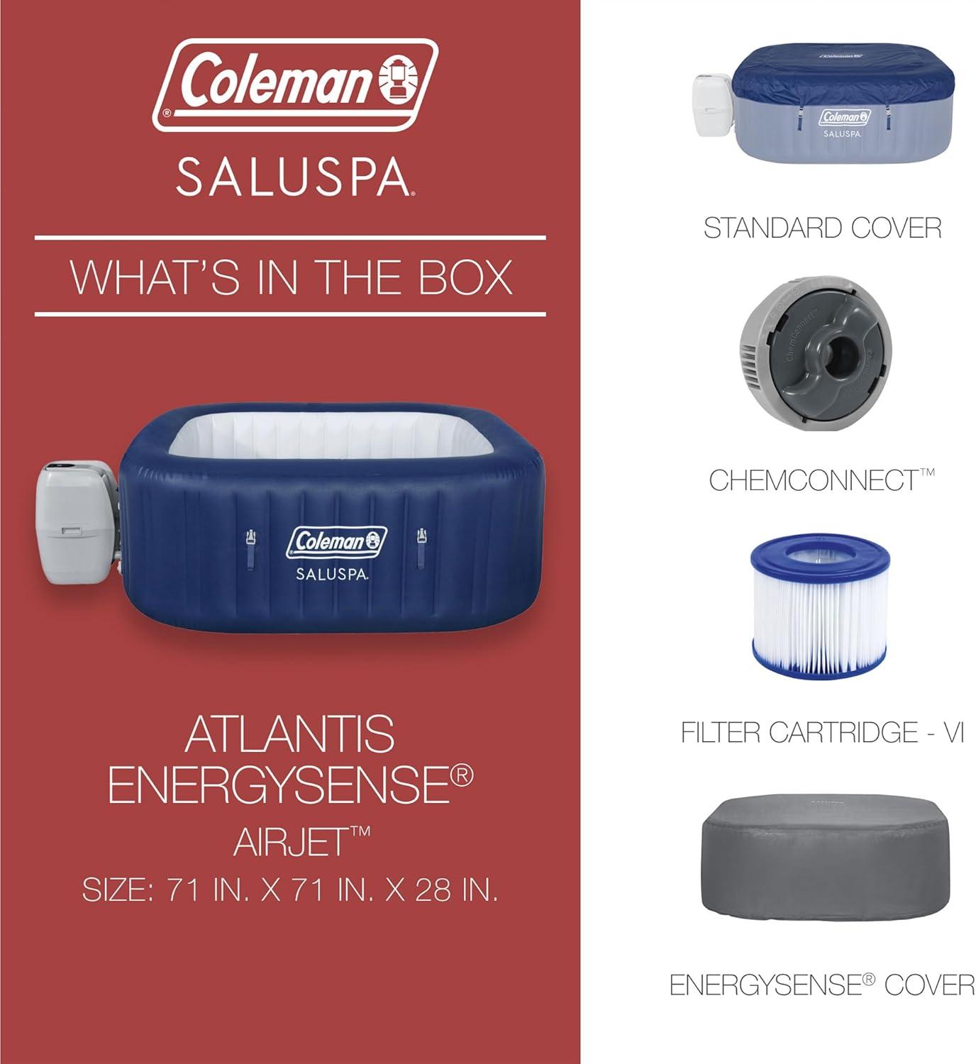 imageColeman SaluSpa Atlantis AirJet 4 to 6 Person Inflatable Hot Tub Square Portable Outdoor Spa with 140 Soothing Jets with Cover BlueBlue
