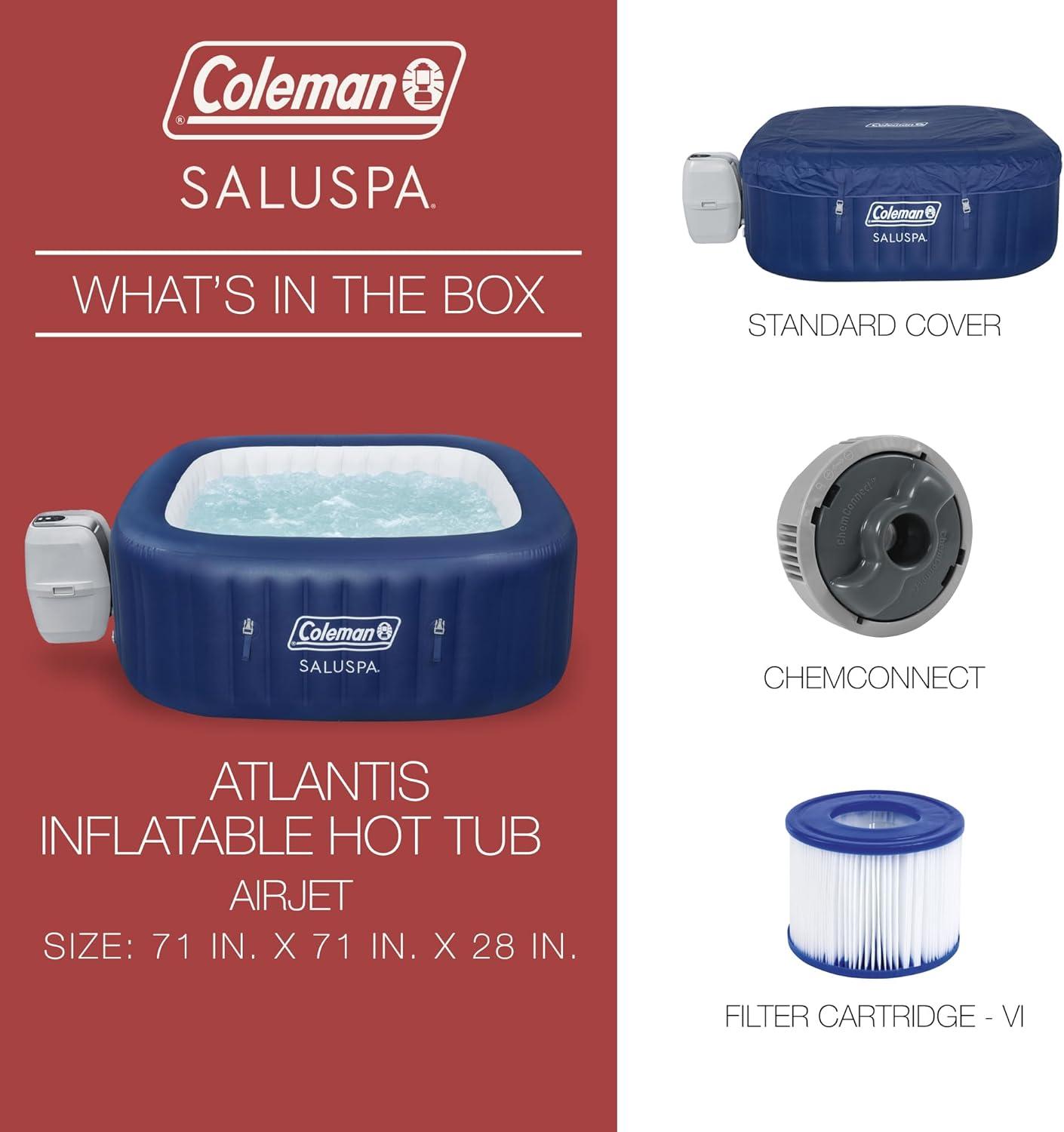 imageColeman SaluSpa Atlantis AirJet 4 to 6 Person Inflatable Hot Tub Square Portable Outdoor Spa with 140 Soothing Jets with Cover BlueBlue