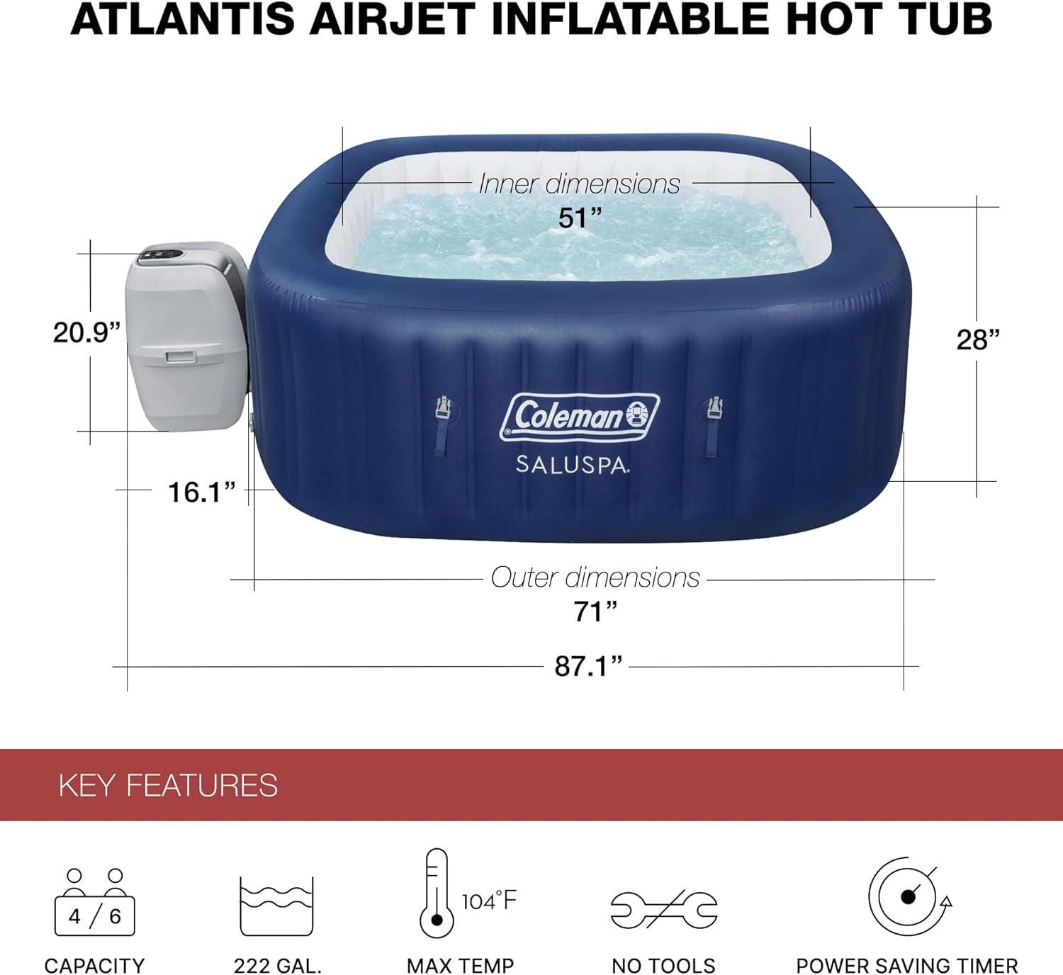 imageColeman SaluSpa Atlantis AirJet 4 to 6 Person Inflatable Hot Tub Square Portable Outdoor Spa with 140 Soothing Jets with Cover BlueBlue