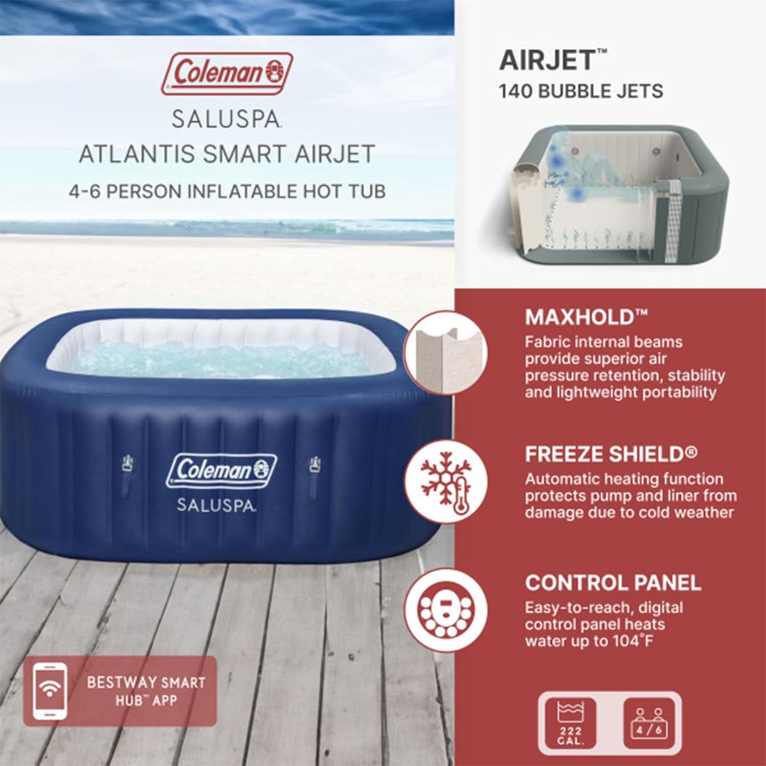 imageColeman SaluSpa Atlantis AirJet 4 to 6 Person Inflatable Hot Tub Square Portable Outdoor Spa with 140 Soothing Jets with Cover BlueBlue