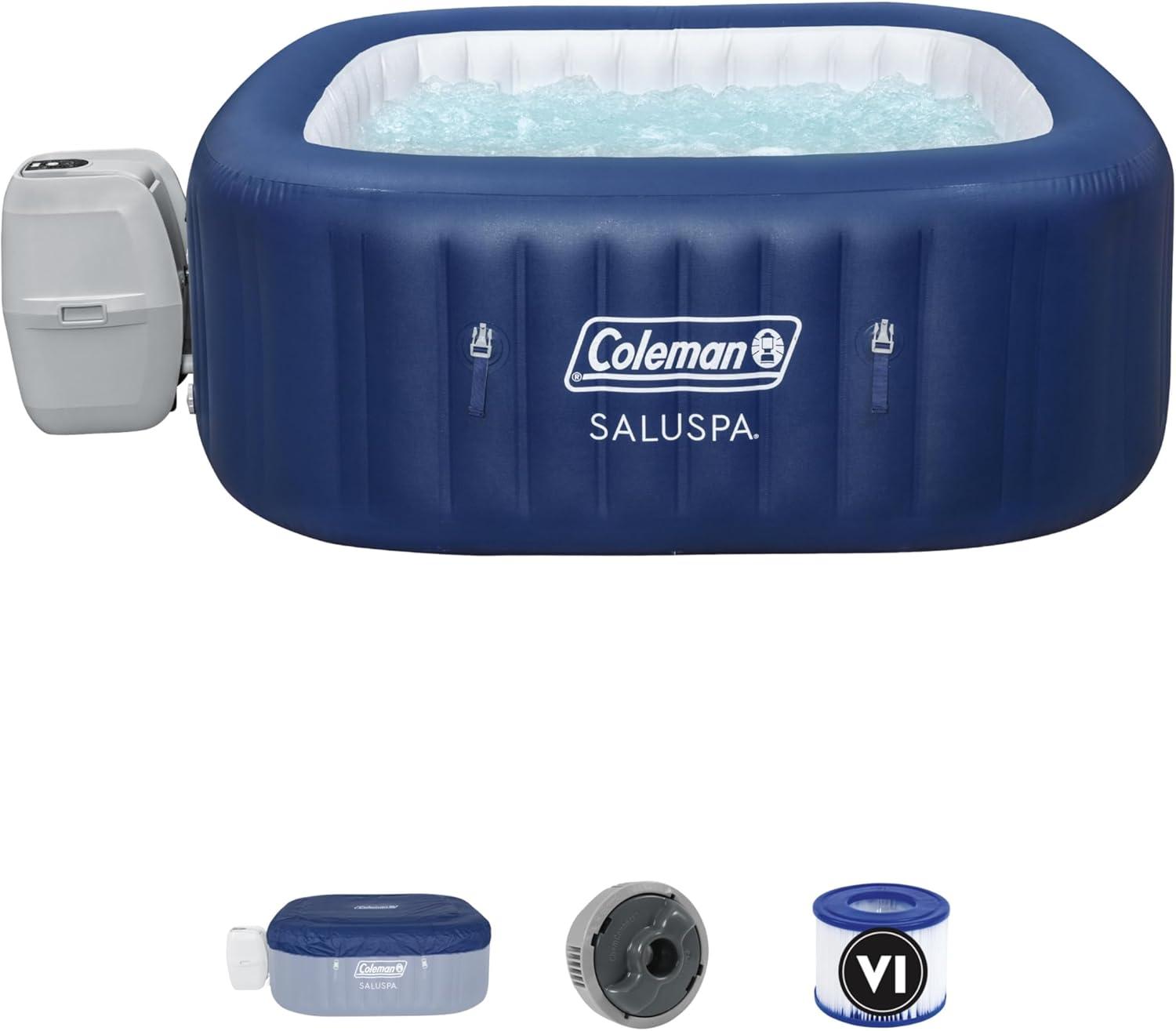imageColeman SaluSpa Atlantis AirJet 4 to 6 Person Inflatable Hot Tub Square Portable Outdoor Spa with 140 Soothing Jets with Cover BlueBlue