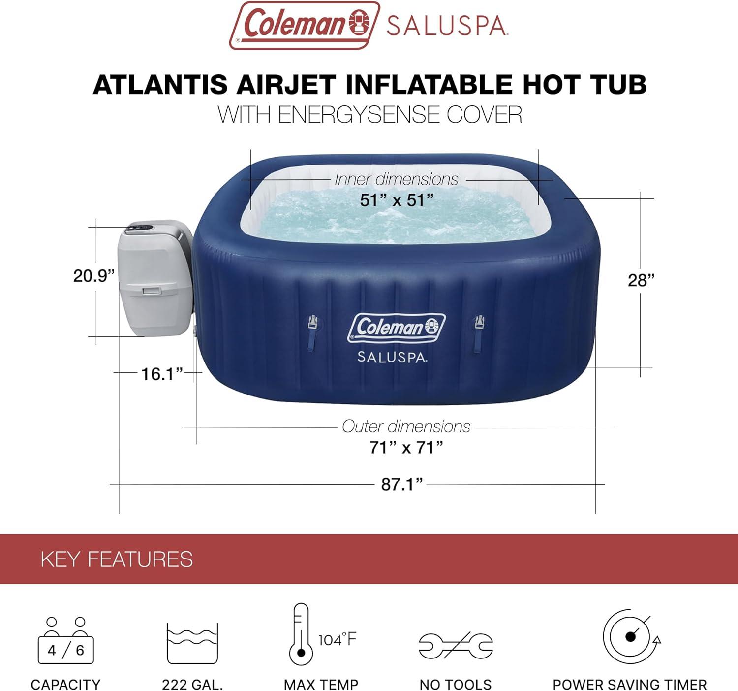 imageColeman SaluSpa Atlantis AirJet 4 to 6 Person Inflatable Hot Tub Square Portable Outdoor Spa with 140 Soothing Jets with Cover BlueBlue