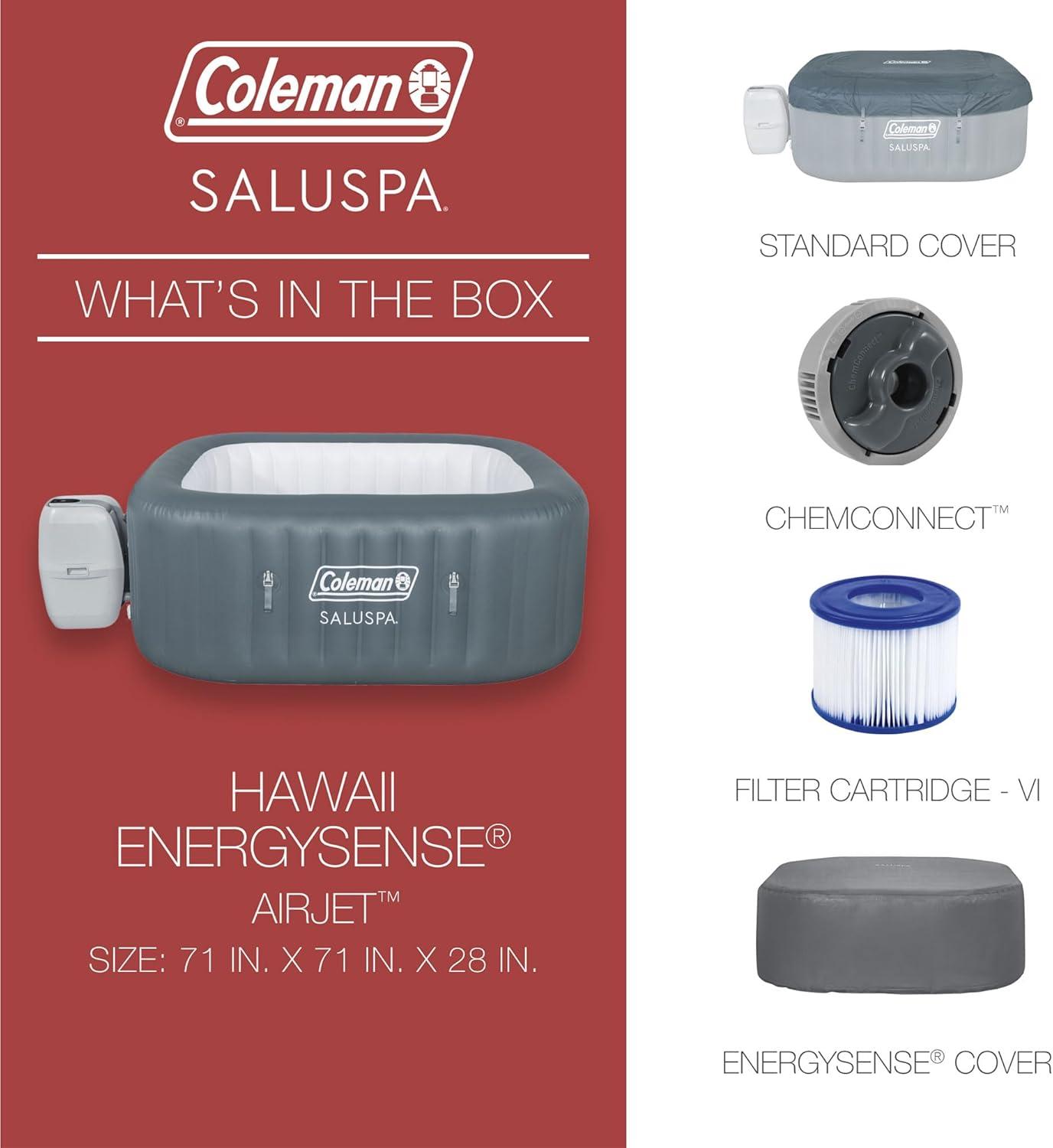 imageColeman SaluSpa Atlantis AirJet 4 to 6 Person Inflatable Hot Tub Square Portable Outdoor Spa with 140 Soothing Jets with Cover BlueGray