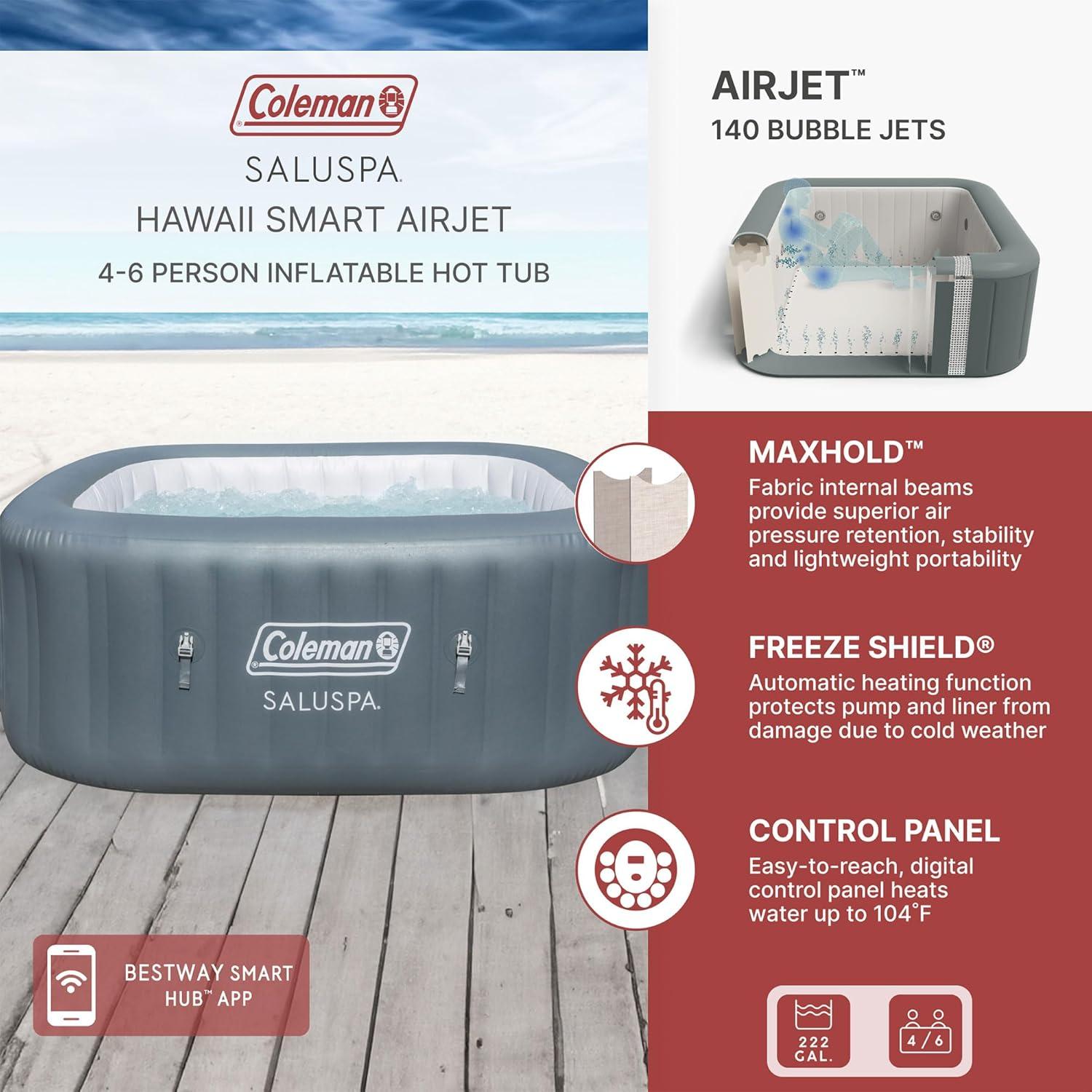 imageColeman SaluSpa Atlantis AirJet 4 to 6 Person Inflatable Hot Tub Square Portable Outdoor Spa with 140 Soothing Jets with Cover BlueGray