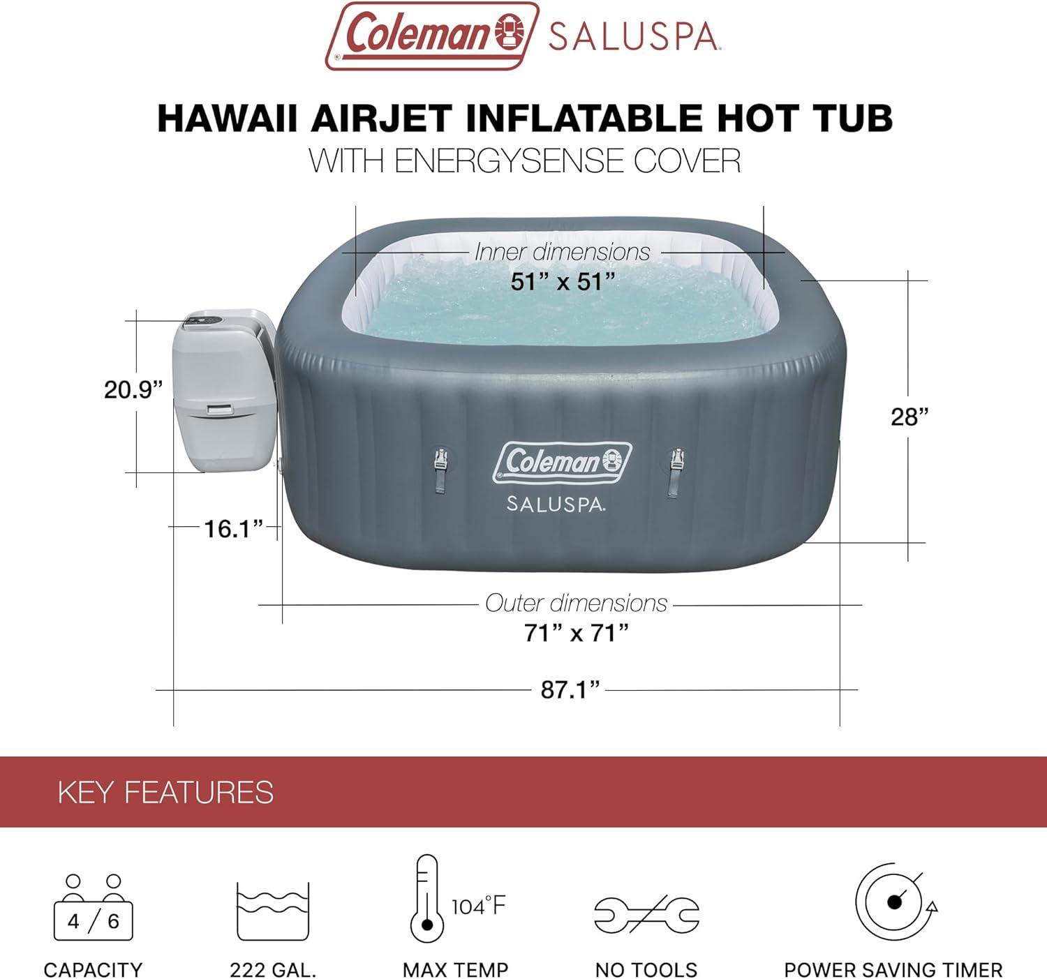 imageColeman SaluSpa Atlantis AirJet 4 to 6 Person Inflatable Hot Tub Square Portable Outdoor Spa with 140 Soothing Jets with Cover BlueGray