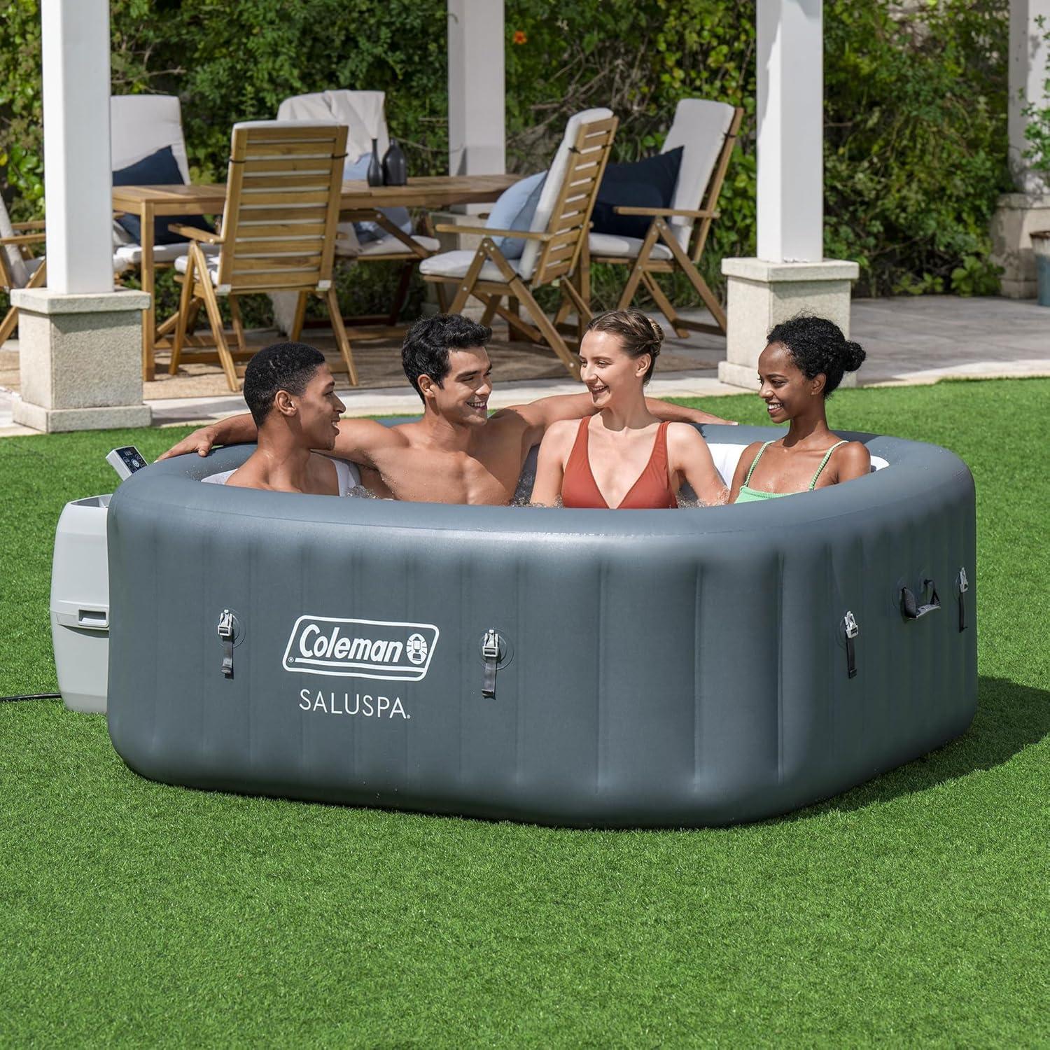 imageColeman SaluSpa Atlantis AirJet 4 to 6 Person Inflatable Hot Tub Square Portable Outdoor Spa with 140 Soothing Jets with Cover BlueGray