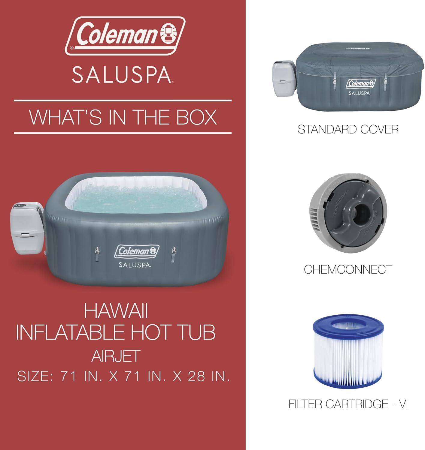 imageColeman SaluSpa Atlantis AirJet 4 to 6 Person Inflatable Hot Tub Square Portable Outdoor Spa with 140 Soothing Jets with Cover BlueGray