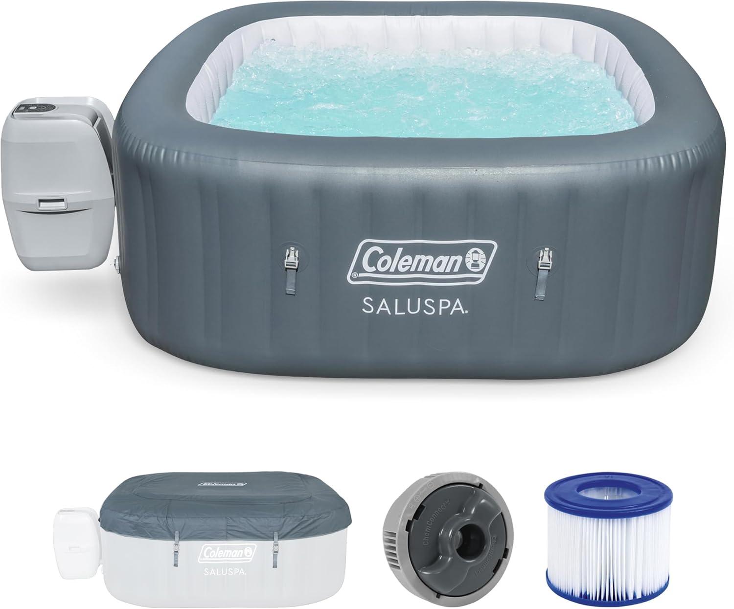 imageColeman SaluSpa Atlantis AirJet 4 to 6 Person Inflatable Hot Tub Square Portable Outdoor Spa with 140 Soothing Jets with Cover BlueGray