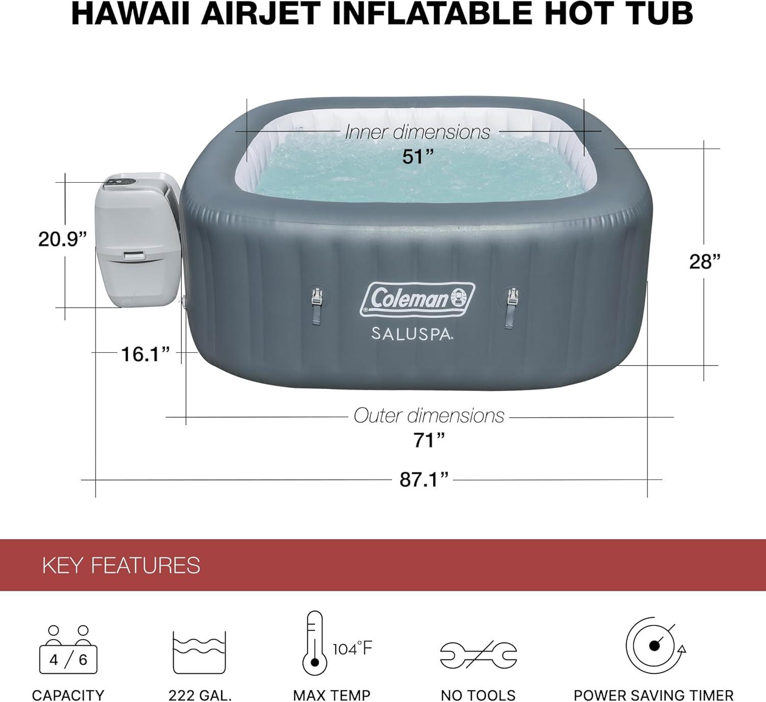 imageColeman SaluSpa Atlantis AirJet 4 to 6 Person Inflatable Hot Tub Square Portable Outdoor Spa with 140 Soothing Jets with Cover BlueGray