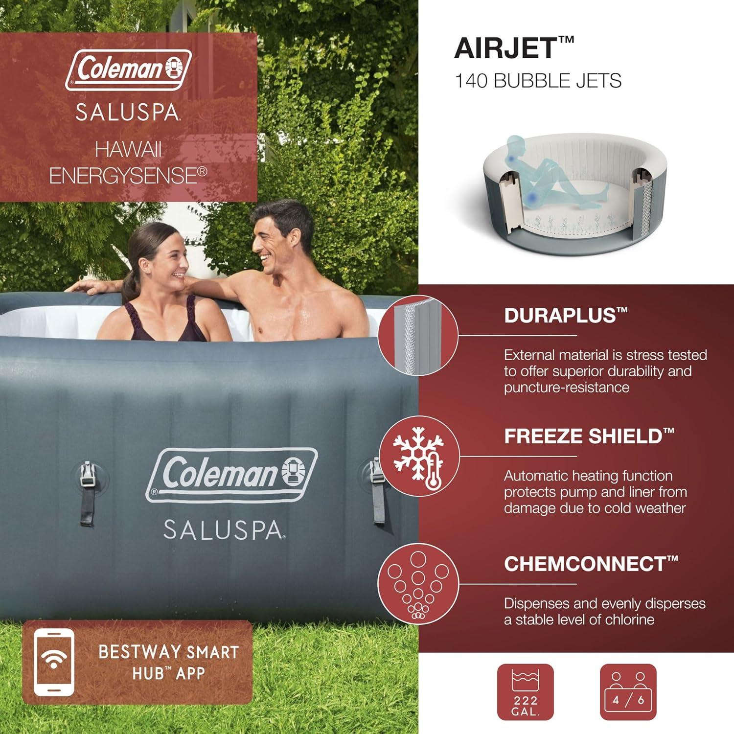 imageColeman SaluSpa Atlantis AirJet 4 to 6 Person Inflatable Hot Tub Square Portable Outdoor Spa with 140 Soothing Jets with Cover BlueGray