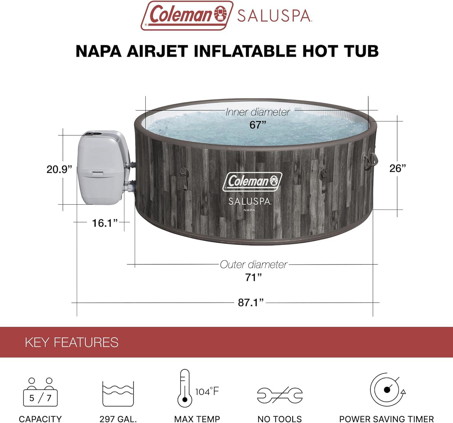 imageColeman SaluSpa Napa AirJet 2 to 7 Person Inflatable Hot Tub Round Portable Outdoor Spa with 180 Soothing Jets with Cover GrayStandard