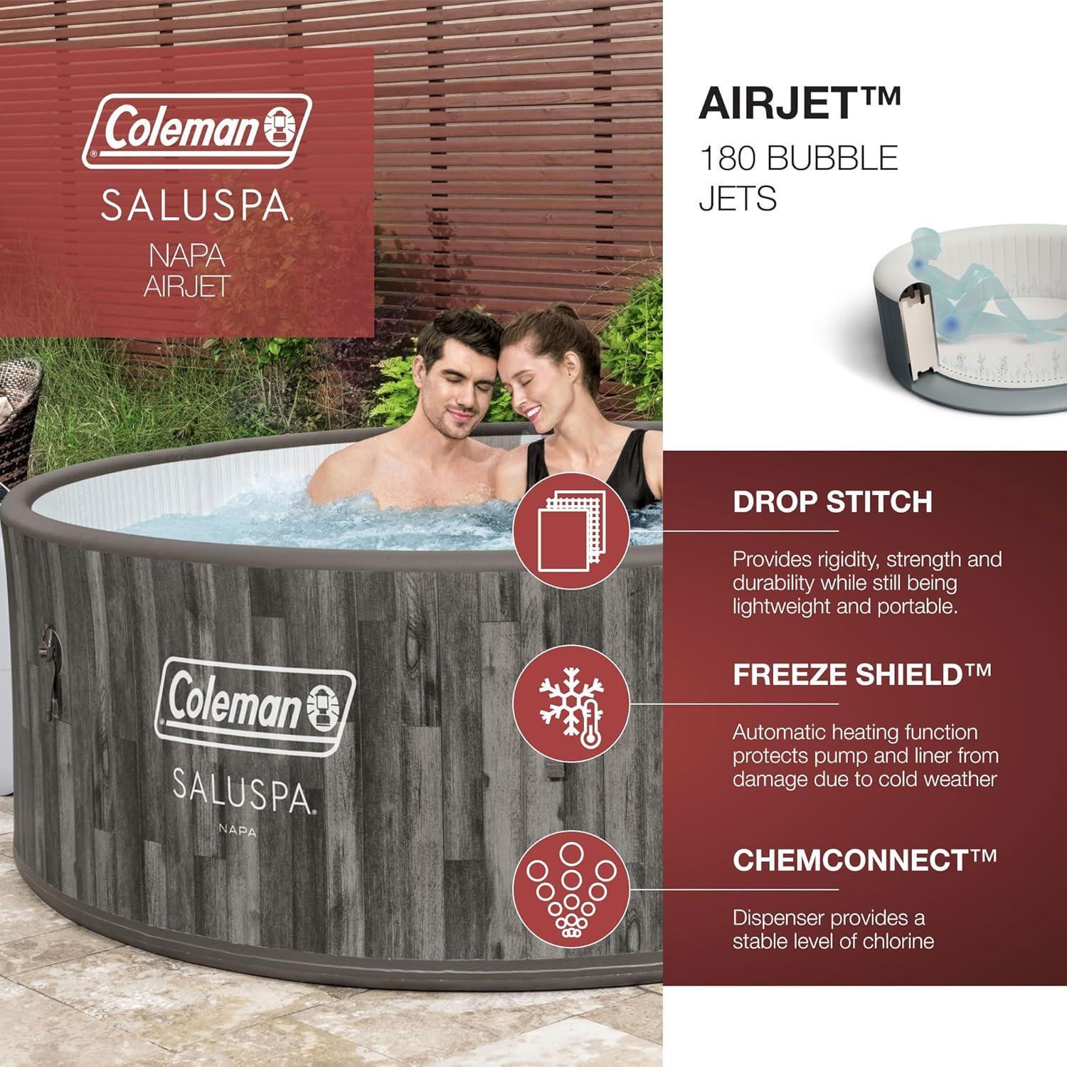 imageColeman SaluSpa Napa AirJet 2 to 7 Person Inflatable Hot Tub Round Portable Outdoor Spa with 180 Soothing Jets with Cover GrayStandard