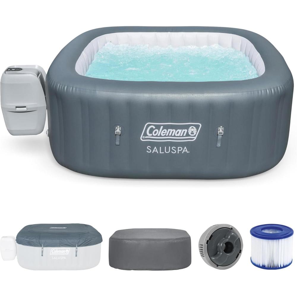 imageColeman SaluSpa Atlantis AirJet 4 to 6 Person Inflatable Hot Tub Square Portable Outdoor Spa with 140 Soothing Jets with Cover BlueGray