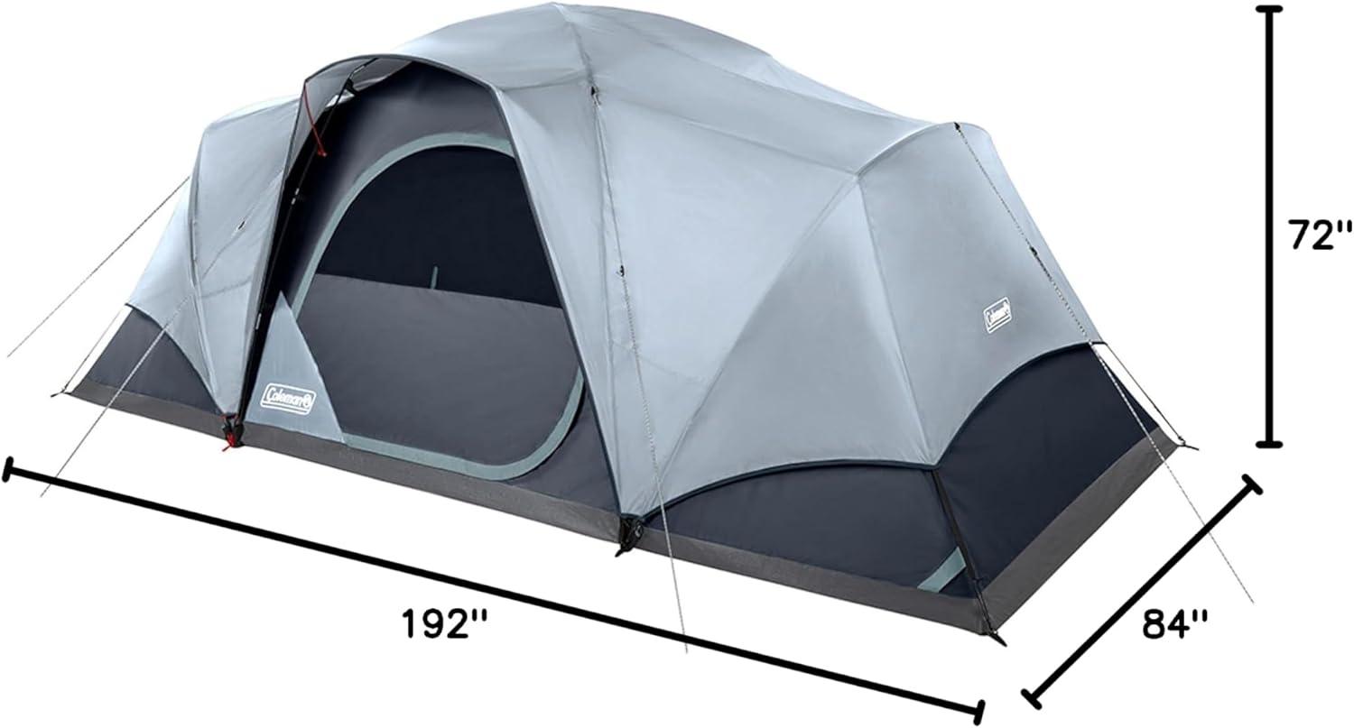 imageColeman Skydome Camping Tent with LED Lights Weatherproof 48 Person Family Tent Includes PreAttached Poles Rainfly Carry Bag Ventilation and LED Lighting System Sets Up in 5 Minutes8person
