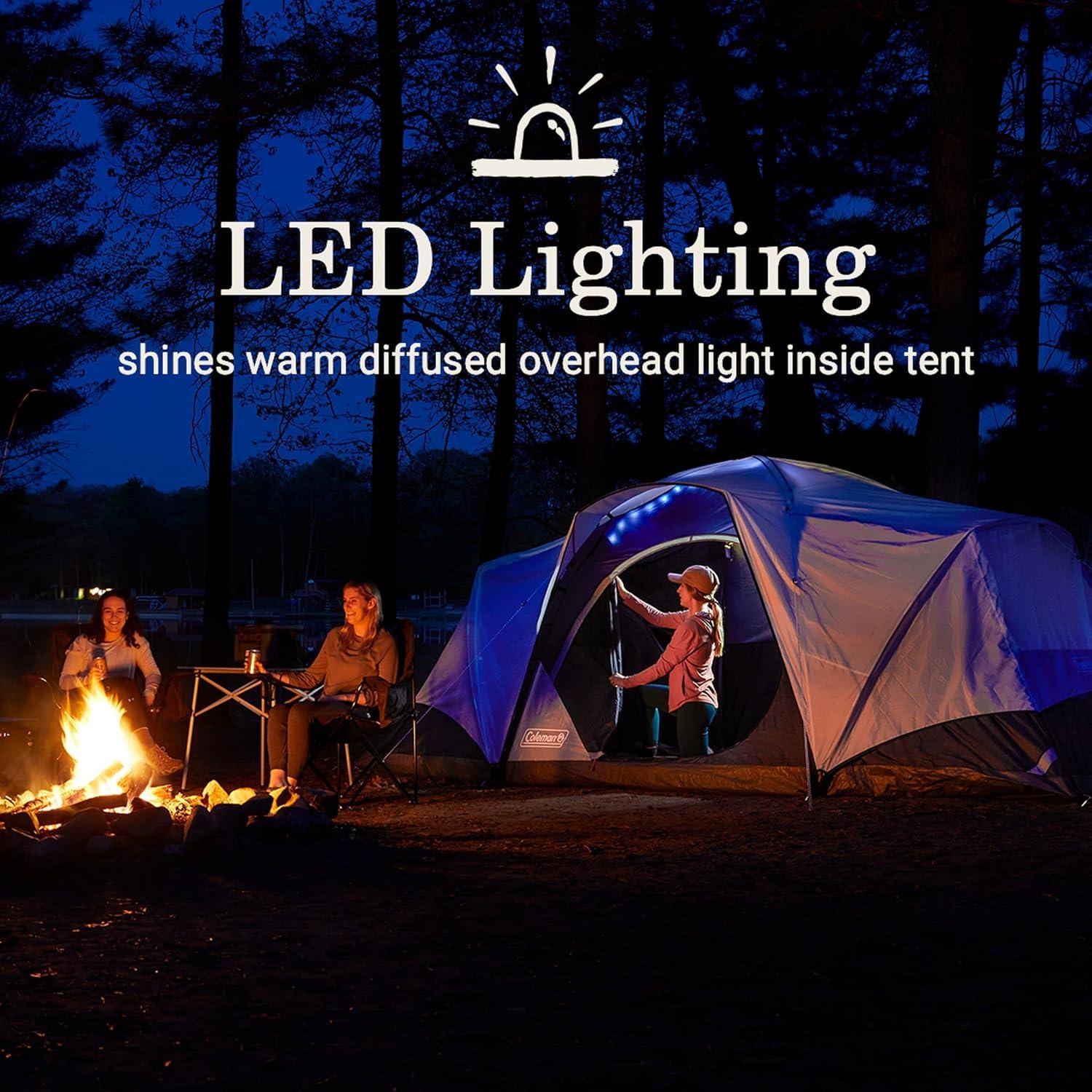 imageColeman Skydome Camping Tent with LED Lights Weatherproof 48 Person Family Tent Includes PreAttached Poles Rainfly Carry Bag Ventilation and LED Lighting System Sets Up in 5 Minutes8person