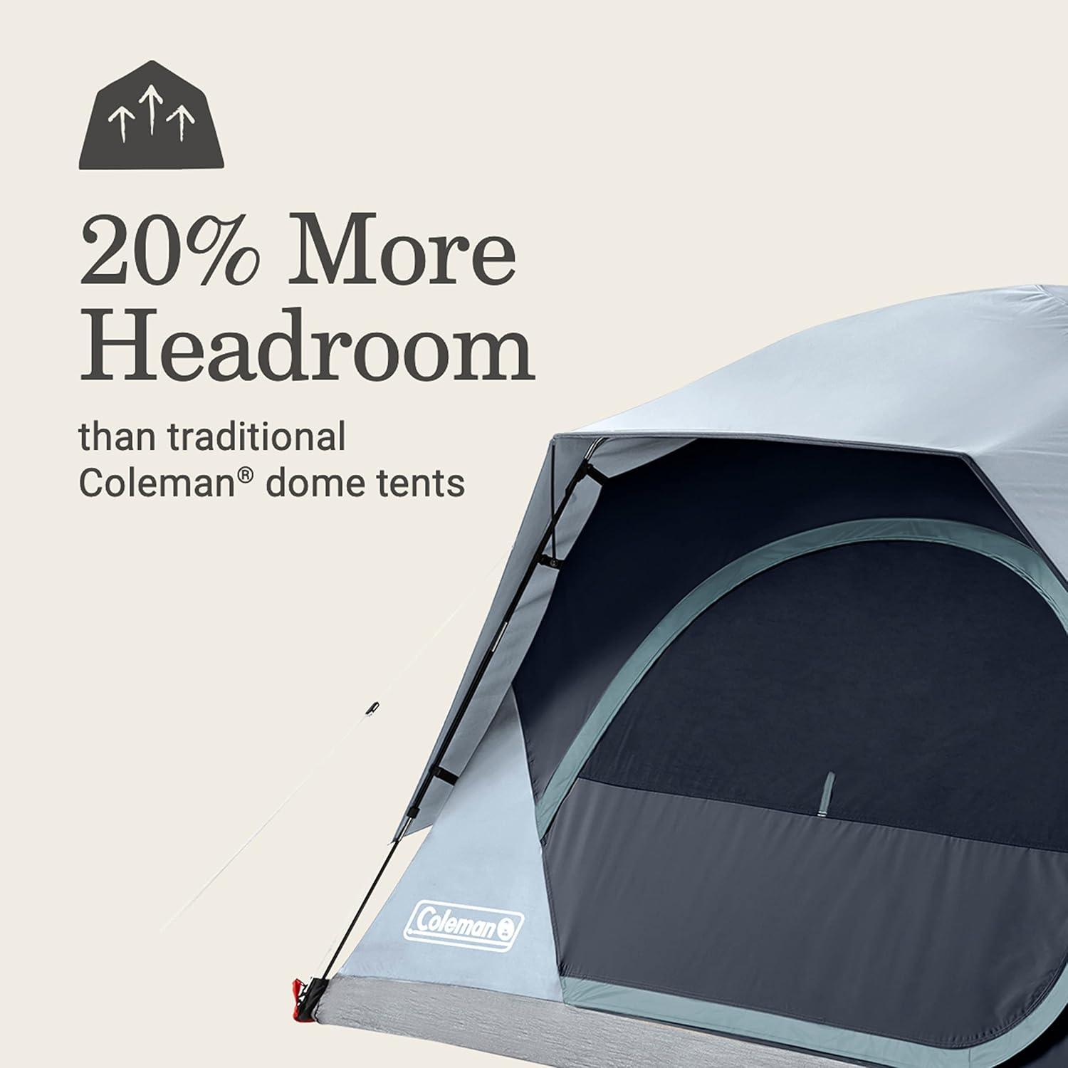imageColeman Skydome Camping Tent with LED Lights Weatherproof 48 Person Family Tent Includes PreAttached Poles Rainfly Carry Bag Ventilation and LED Lighting System Sets Up in 5 Minutes4person