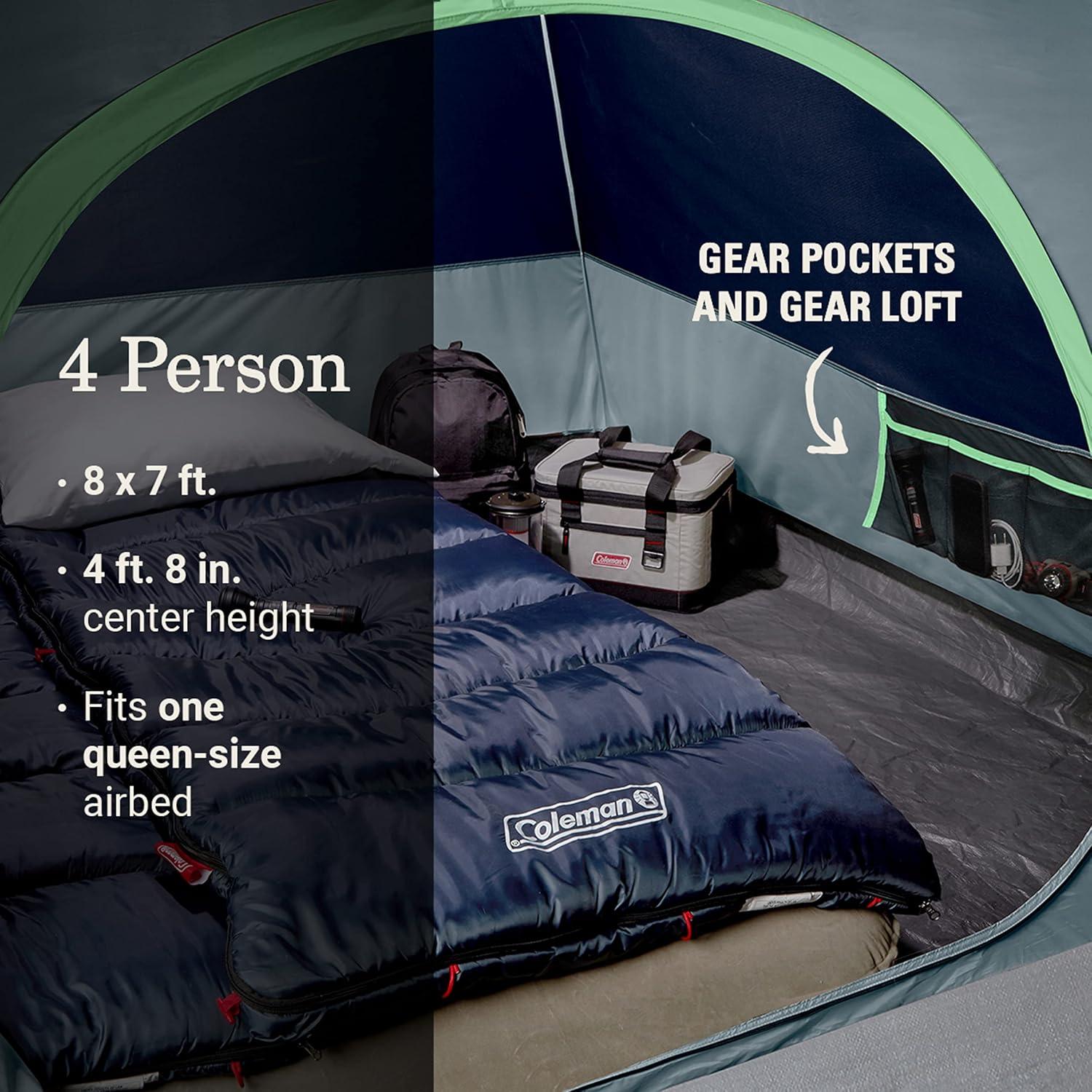imageColeman Skydome Camping Tent with LED Lights Weatherproof 48 Person Family Tent Includes PreAttached Poles Rainfly Carry Bag Ventilation and LED Lighting System Sets Up in 5 Minutes4person