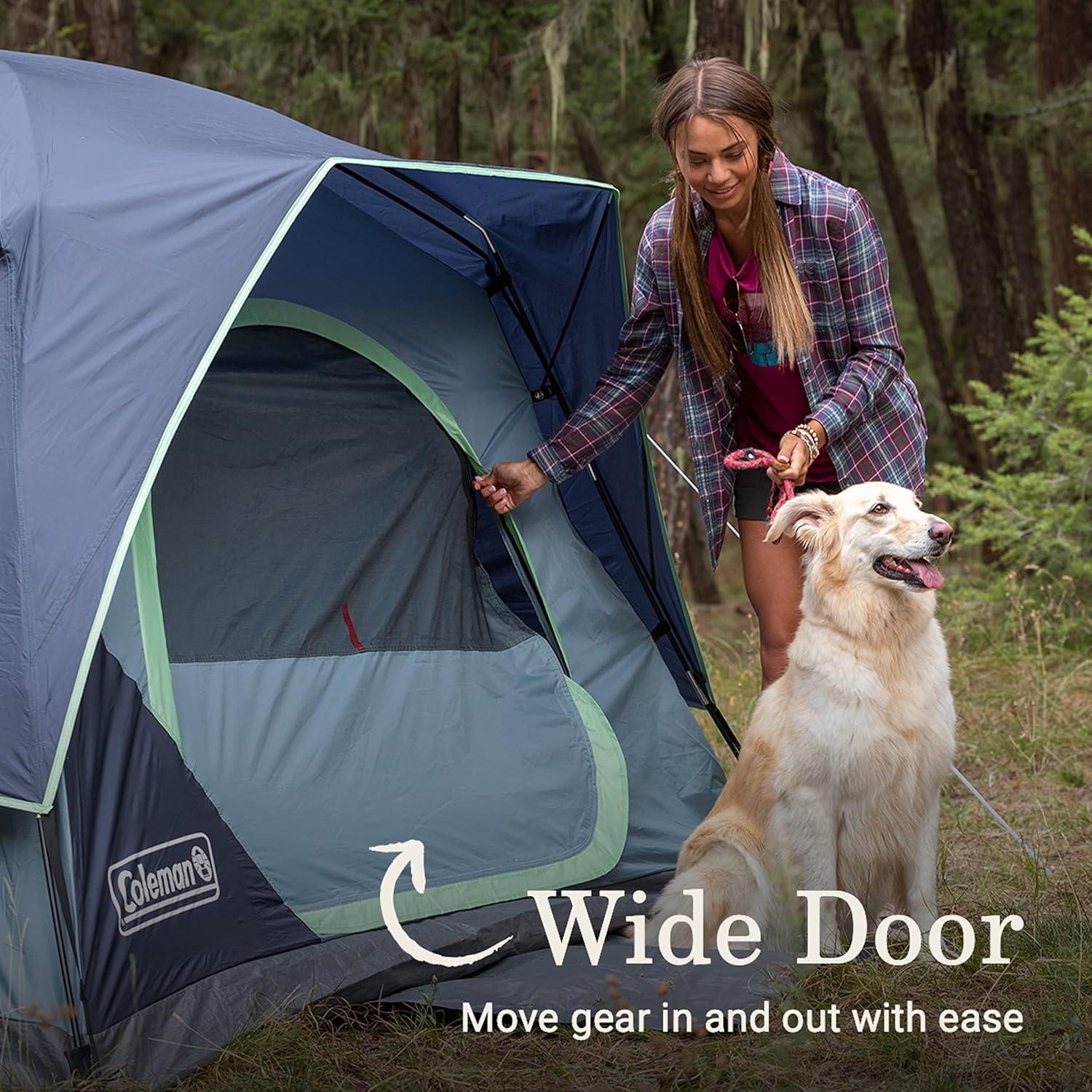 imageColeman Skydome Camping Tent with LED Lights Weatherproof 48 Person Family Tent Includes PreAttached Poles Rainfly Carry Bag Ventilation and LED Lighting System Sets Up in 5 Minutes4person