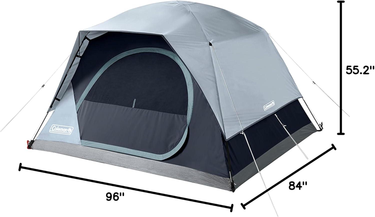 imageColeman Skydome Camping Tent with LED Lights Weatherproof 48 Person Family Tent Includes PreAttached Poles Rainfly Carry Bag Ventilation and LED Lighting System Sets Up in 5 Minutes4person