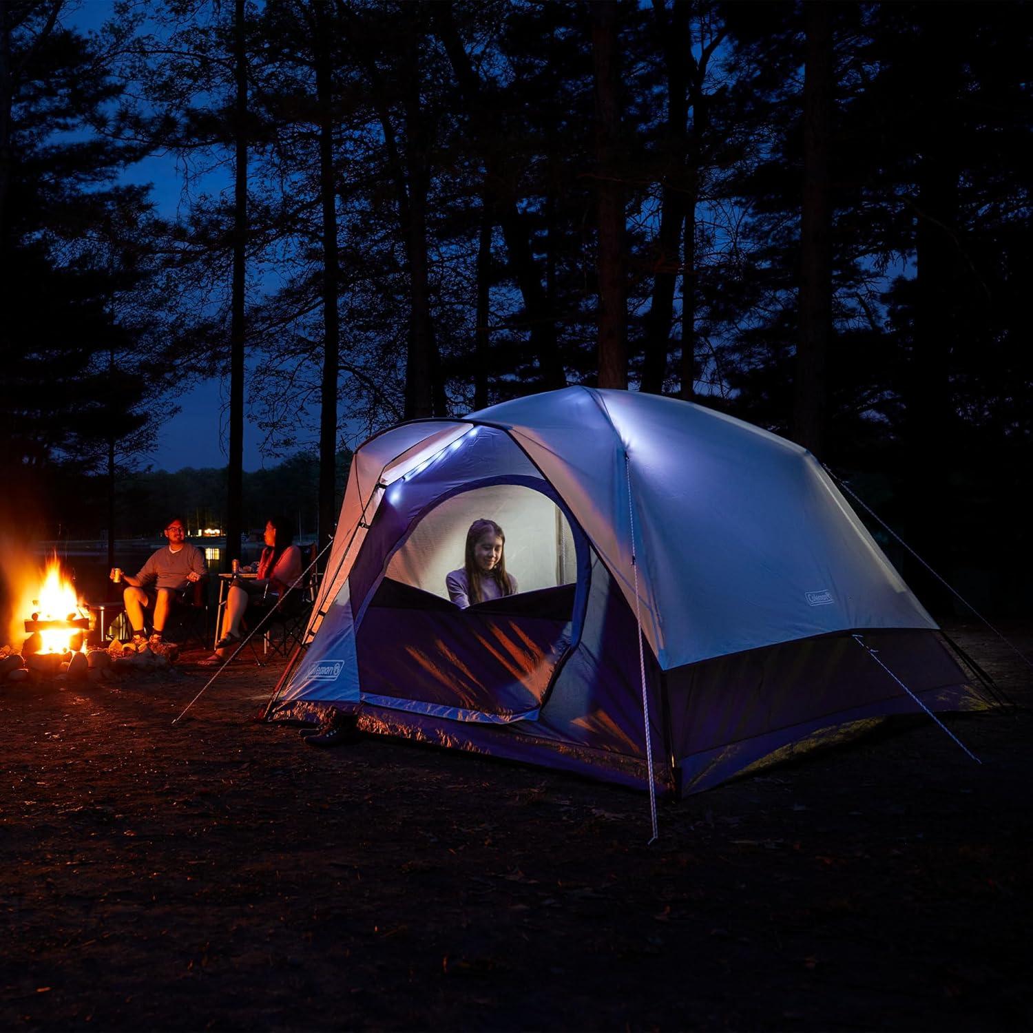 imageColeman Skydome Camping Tent with LED Lights Weatherproof 48 Person Family Tent Includes PreAttached Poles Rainfly Carry Bag Ventilation and LED Lighting System Sets Up in 5 Minutes4person