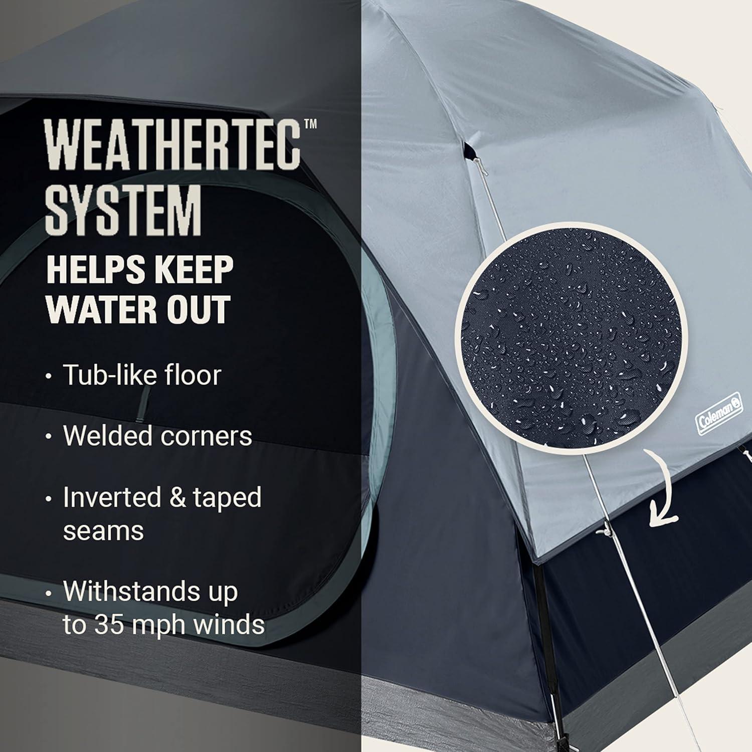 imageColeman Skydome Camping Tent with LED Lights Weatherproof 48 Person Family Tent Includes PreAttached Poles Rainfly Carry Bag Ventilation and LED Lighting System Sets Up in 5 Minutes4person