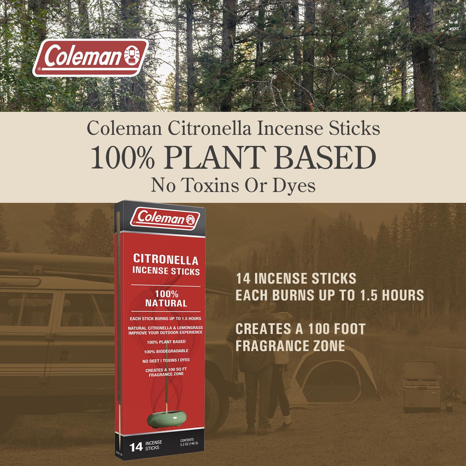 imageColeman Citronella Incense Sticks DEET Free with Natural Citronella and Lemongrass 100 Plant Based 100 Biodegradable Up To 15h Burn Time per Stick 14 SticksPack of 2