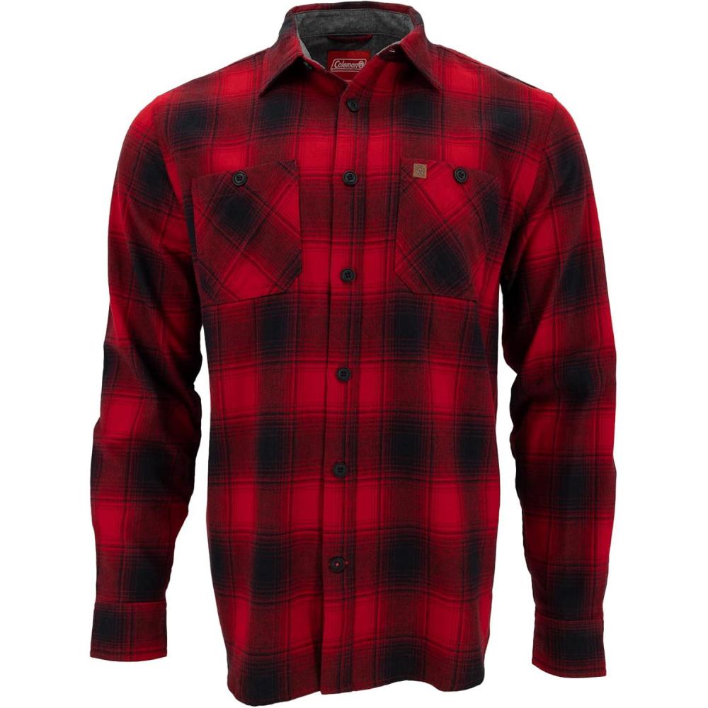 imageColeman Mens LongSleeve Flannel Shirt Midweight Western Plaid ButtonDown BlueGrey MediumRedBlack Plaid